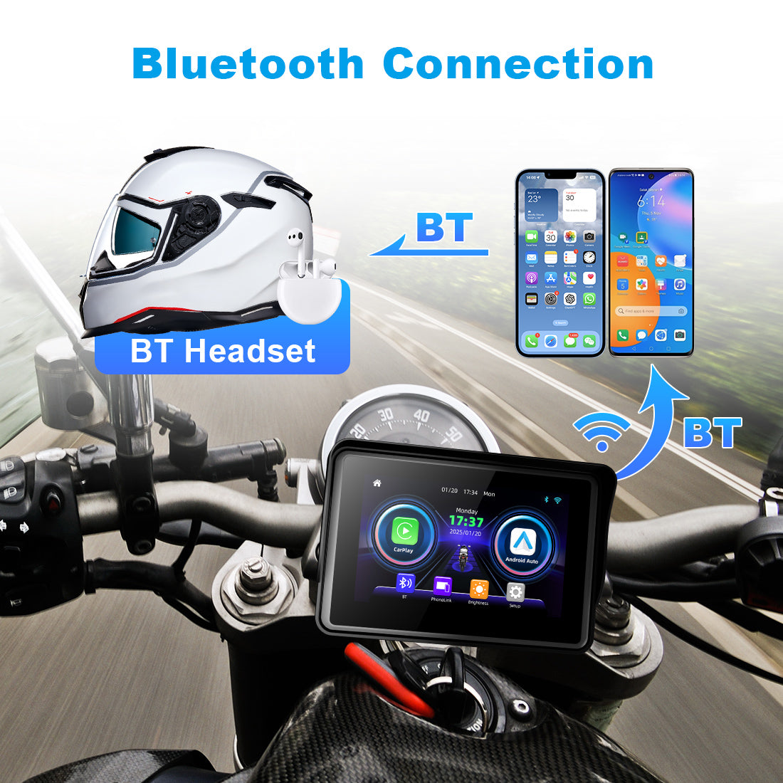 Motorcycle navigation screen with Bluetooth 5.0 for helmet headset integration, delivering clear audio for navigation, music, and calls.