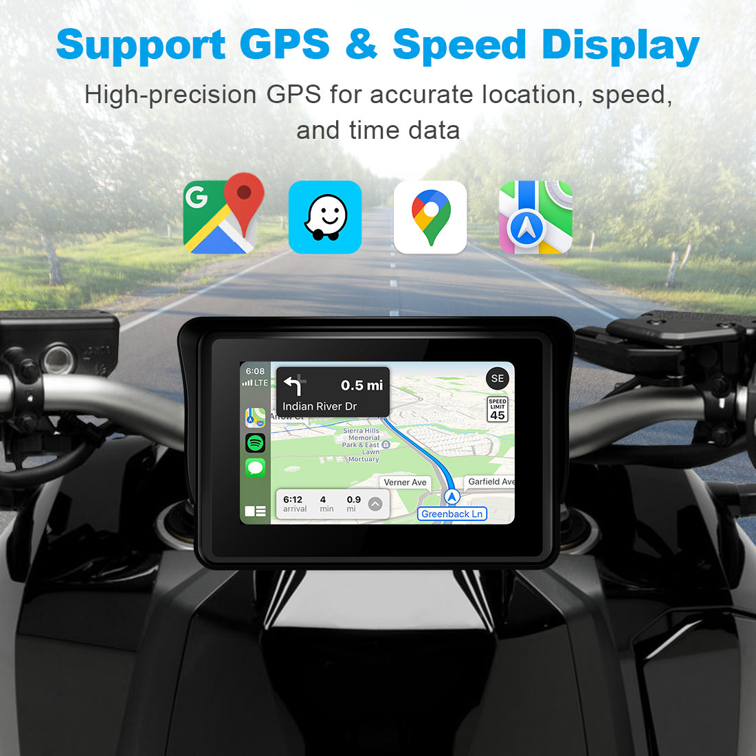 Motorcycle navigation screen GPS options: Screen Only package uses smartphone GPS via Wireless CarPlay or Android Auto, DVR package includes built-in GPS for independent tracking and navigation.