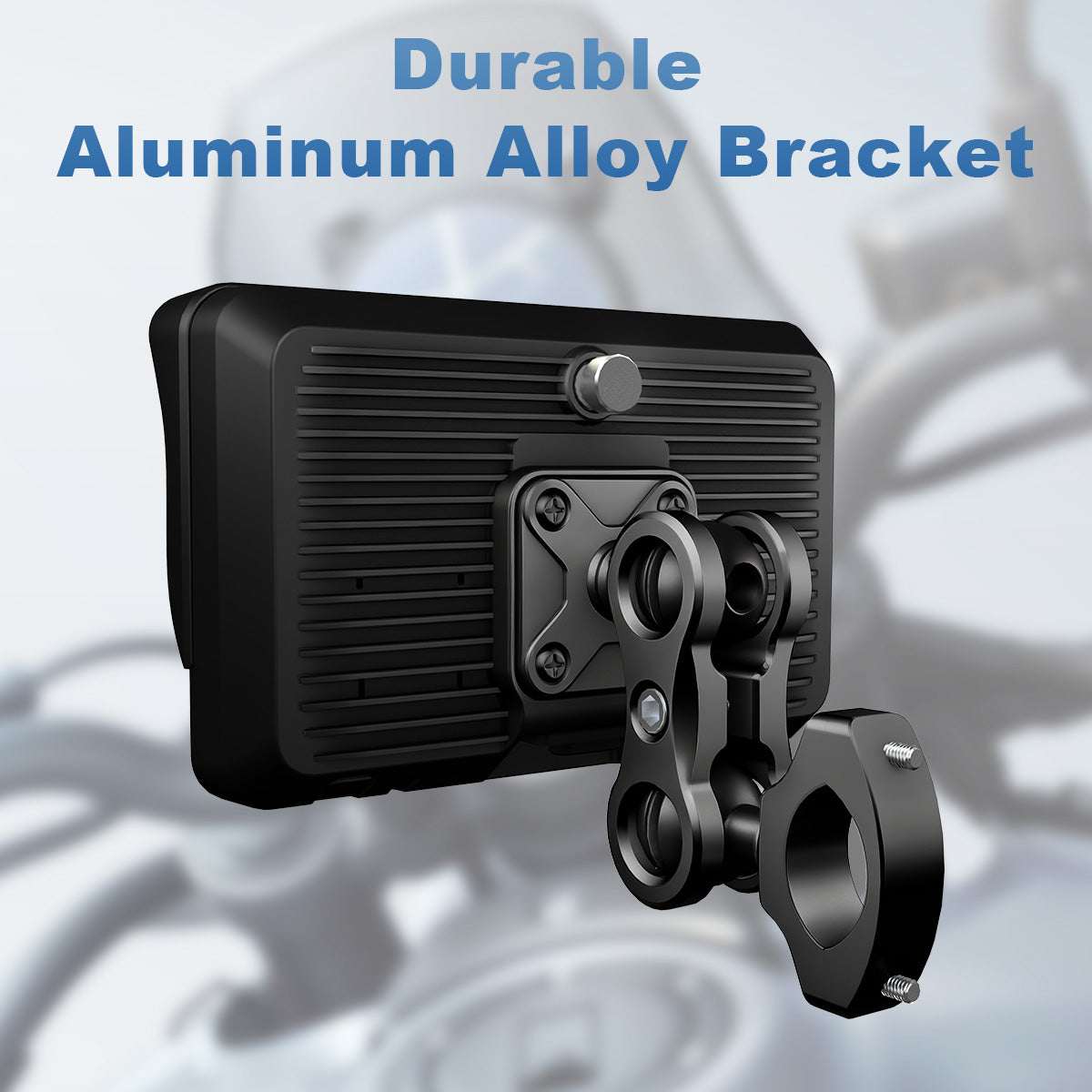 Motorcycle navigation screen patented bracket with damping and bearing system for 360° rotation, >180° tilt, vibration damping, and tool-free quick release.