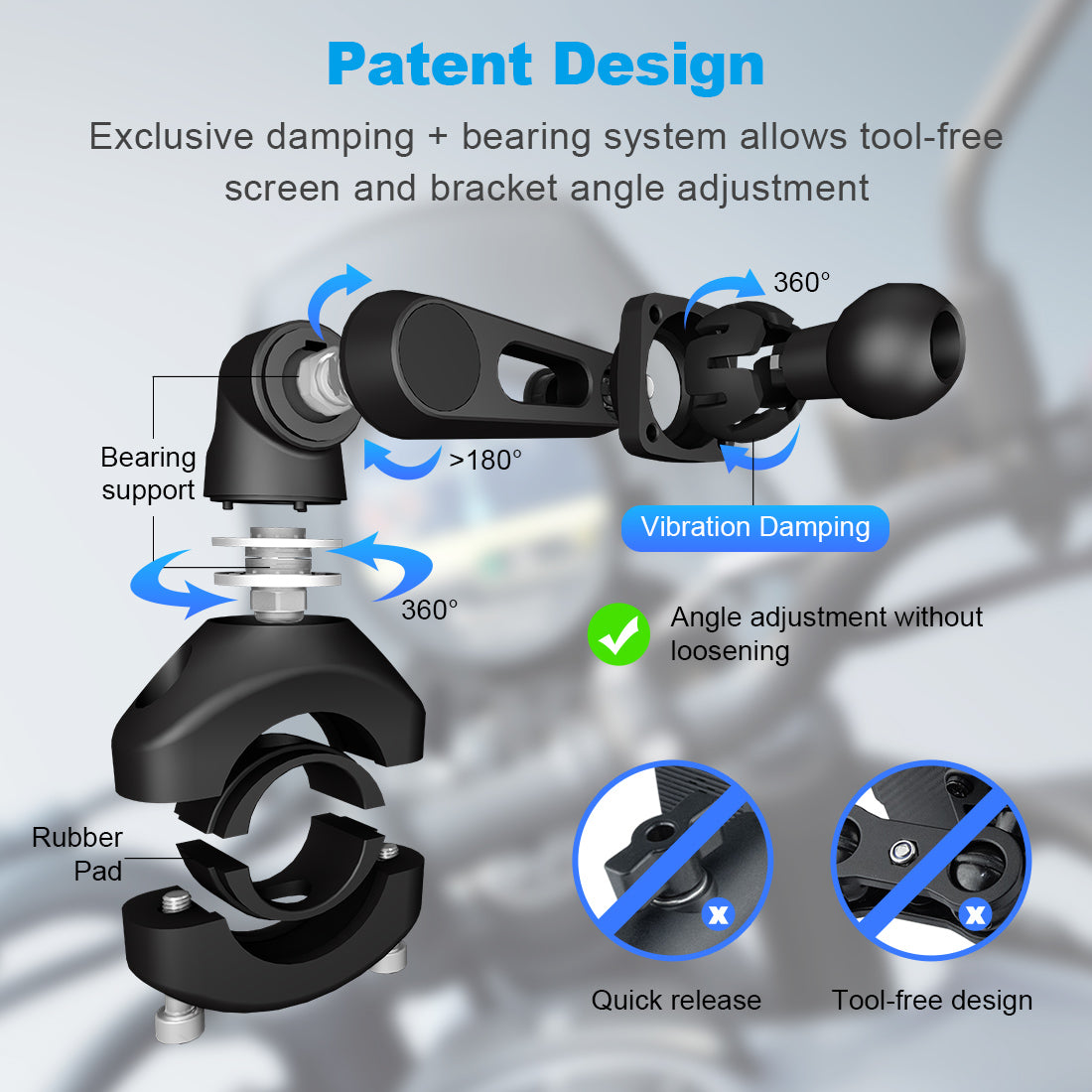 Motorcycle navigation screen patented bracket with damping and bearing system for 360° rotation, >180° tilt, vibration damping, and tool-free quick release.
