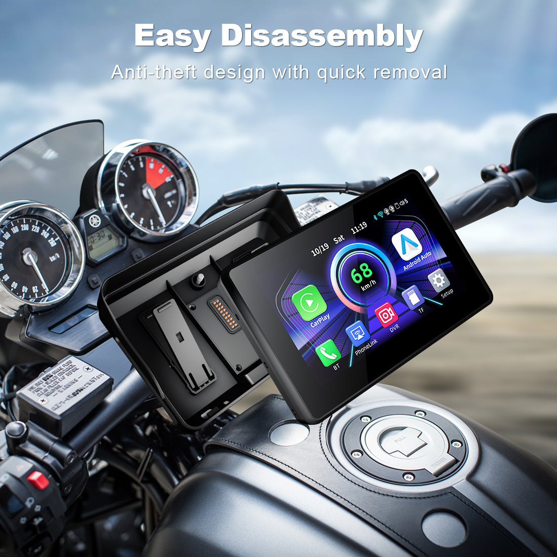 Motorcycle navigation screen with wireless quick-release and anti-theft design, allowing easy disassembly and secure removal in seconds.