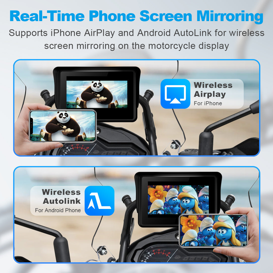 Motorcycle navigation screen with real-time phone screen mirroring via iPhone AirPlay and Android AutoLink, supporting GPS apps, video streaming, and ride data display.