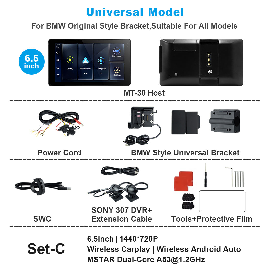 Linkifun™ MT20/MT30 5.5"/6.5" Wireless CarPlay Android Auto Dashboard Navigation Screen with DVR – Special for BMW Motorcycles