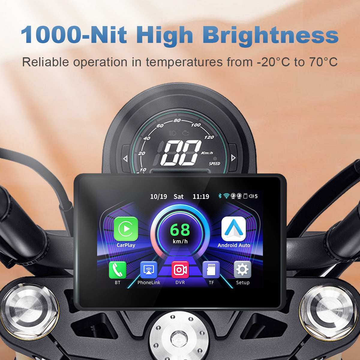 Linkifun™ MT3B + Bracket 5" Motorcycle Navigation Screen – Wireless CarPlay & Android Auto, Screen Mirroring, Optional DVR & GPS