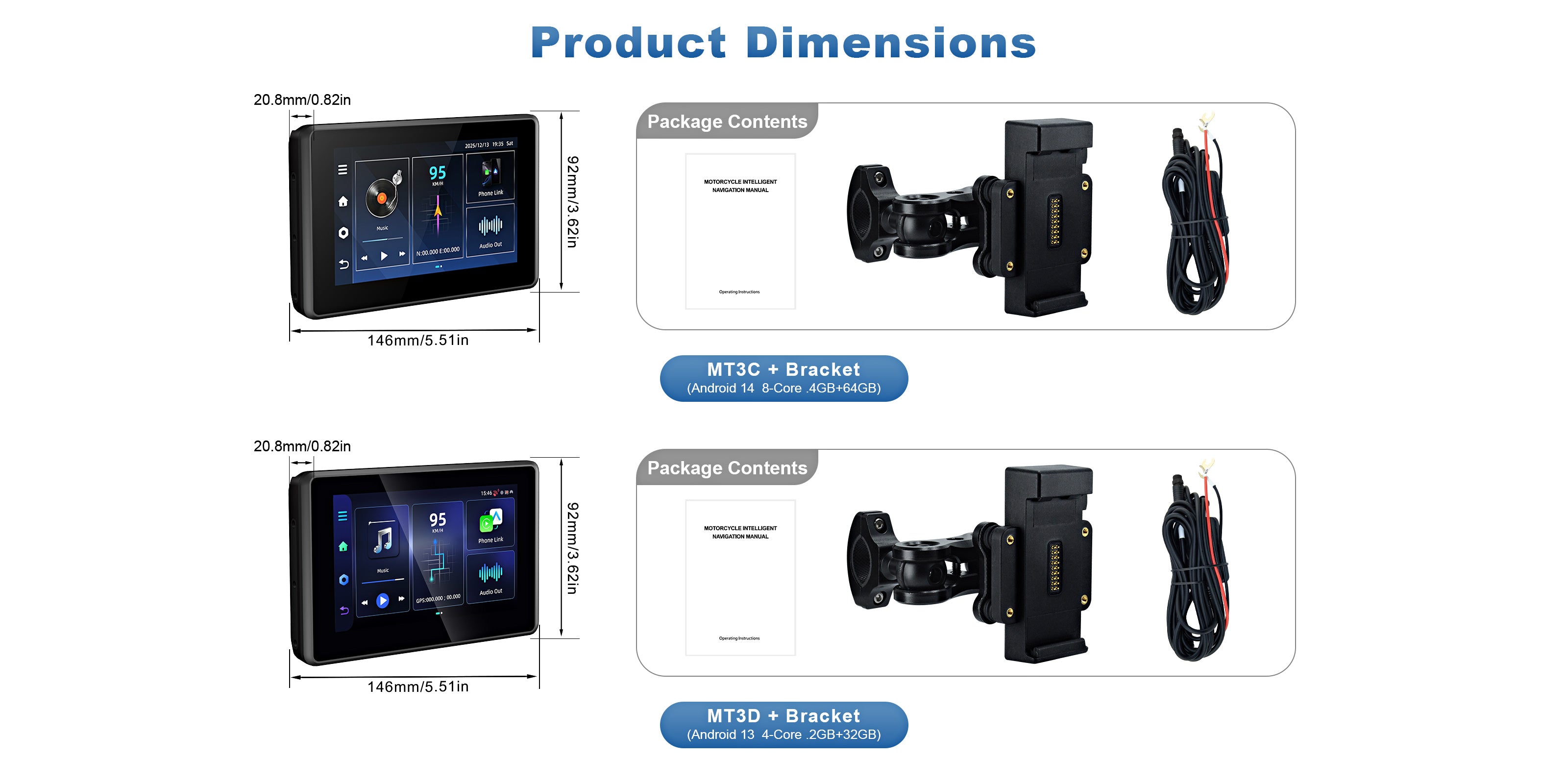 Linkifun MT3C MT3D universal bracket motorcycle smart display Android 13 Android 14 specifications chart desktop view