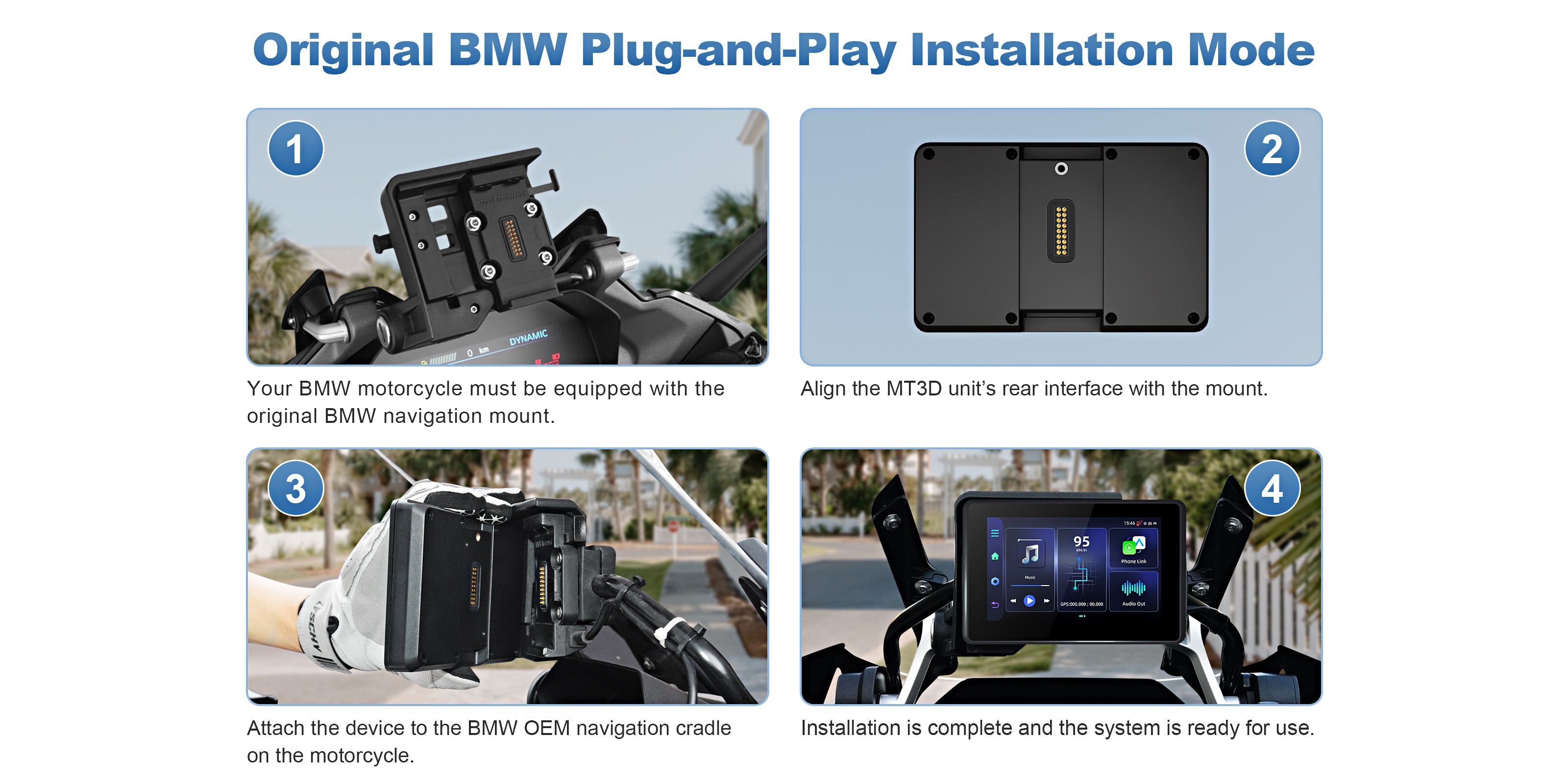 Linkifun MT3D BMW motorcycle navigation screen OEM plug-and-play installation mode desktop view