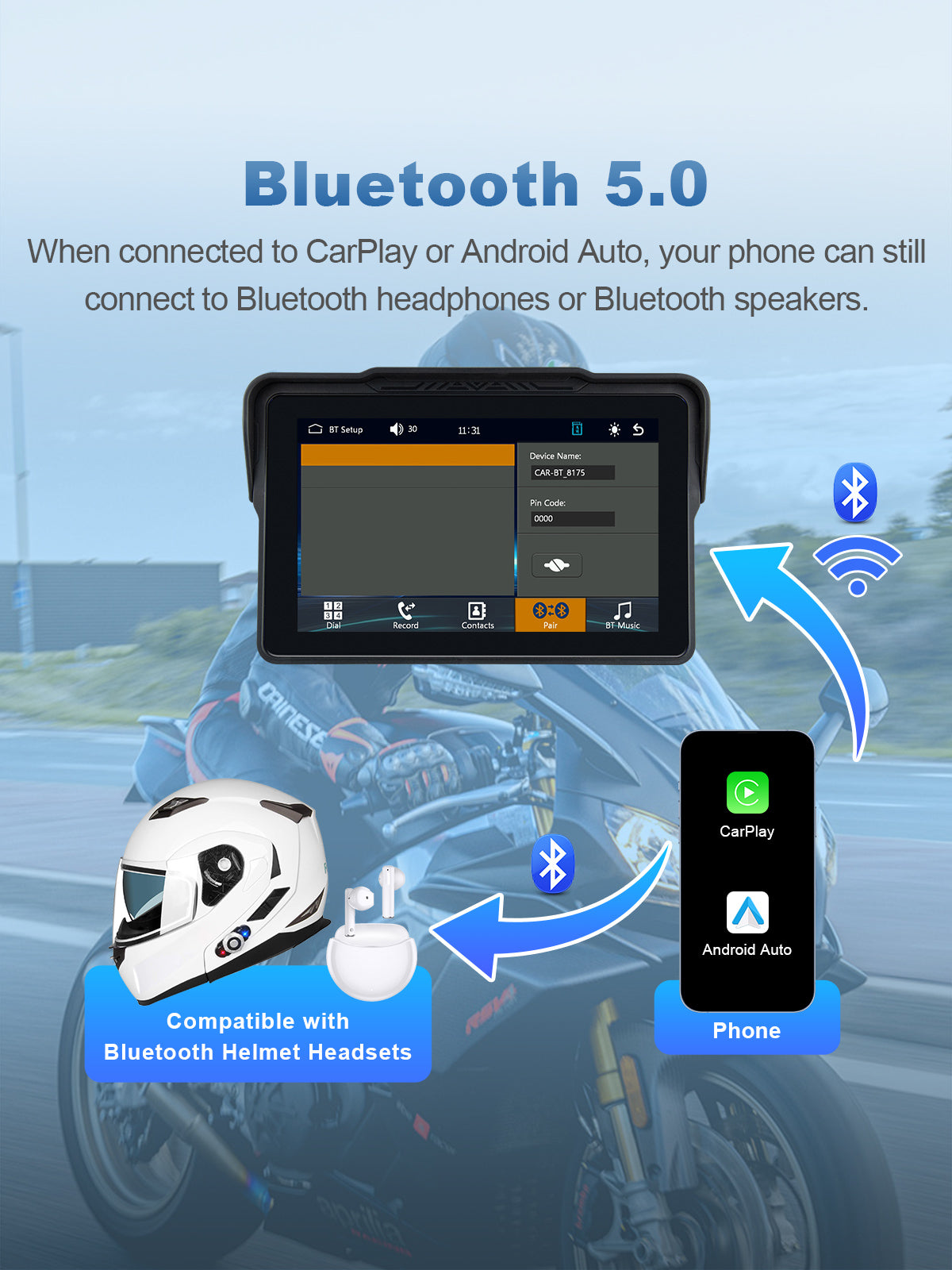 Linkifun MT4 7 inch motorcycle navigation screen with Bluetooth audio connection for smartphone and helmet headset