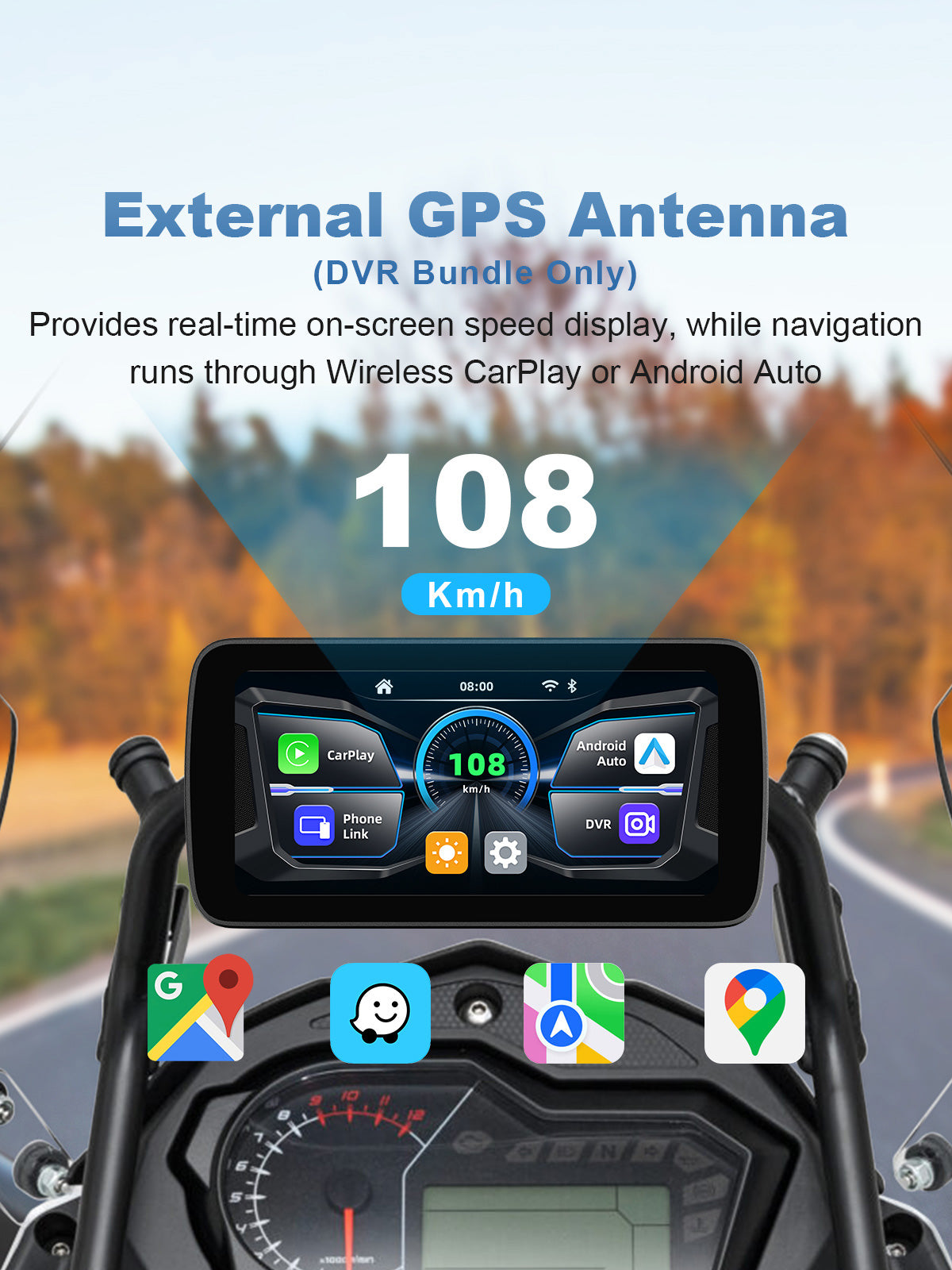 Linkifun MT5A motorcycle dash cam and navigation screen with external GPS antenna speed data overlay
