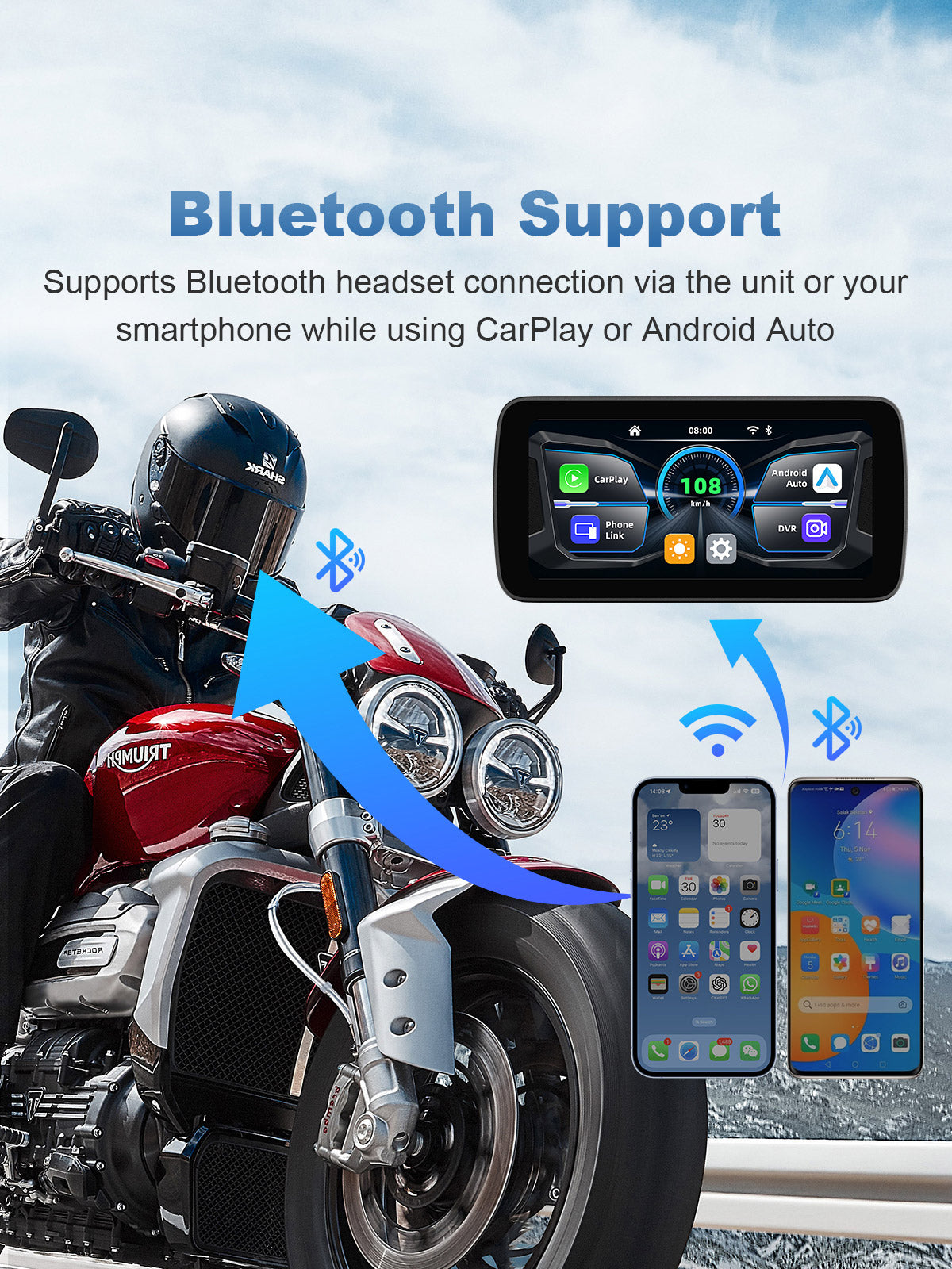 Linkifun MT5A motorcycle navigation screen with Bluetooth audio connection configuration for headset and smartphone
