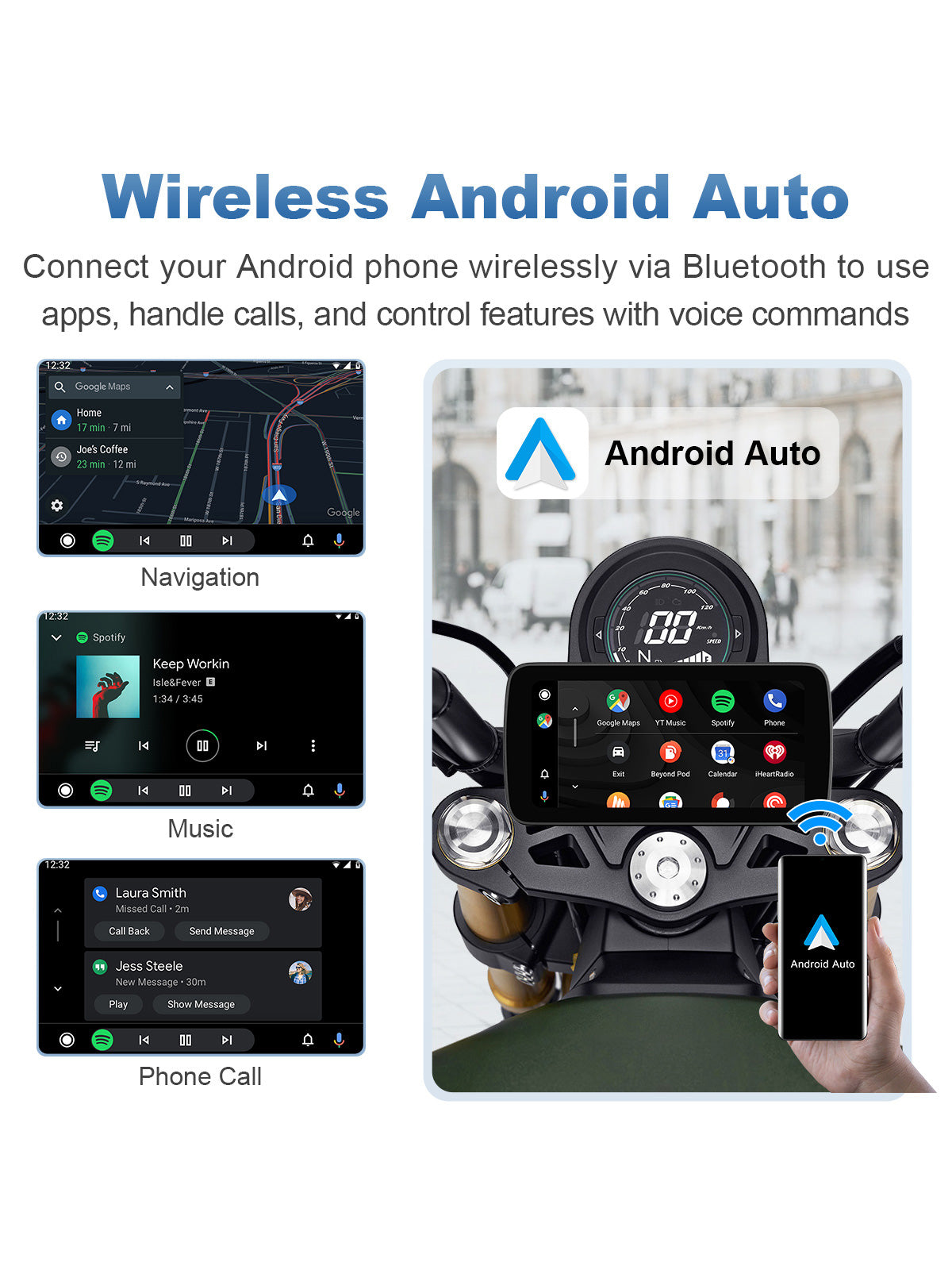 Linkifun MT5A motorcycle navigation screen with wireless Android Auto interface display