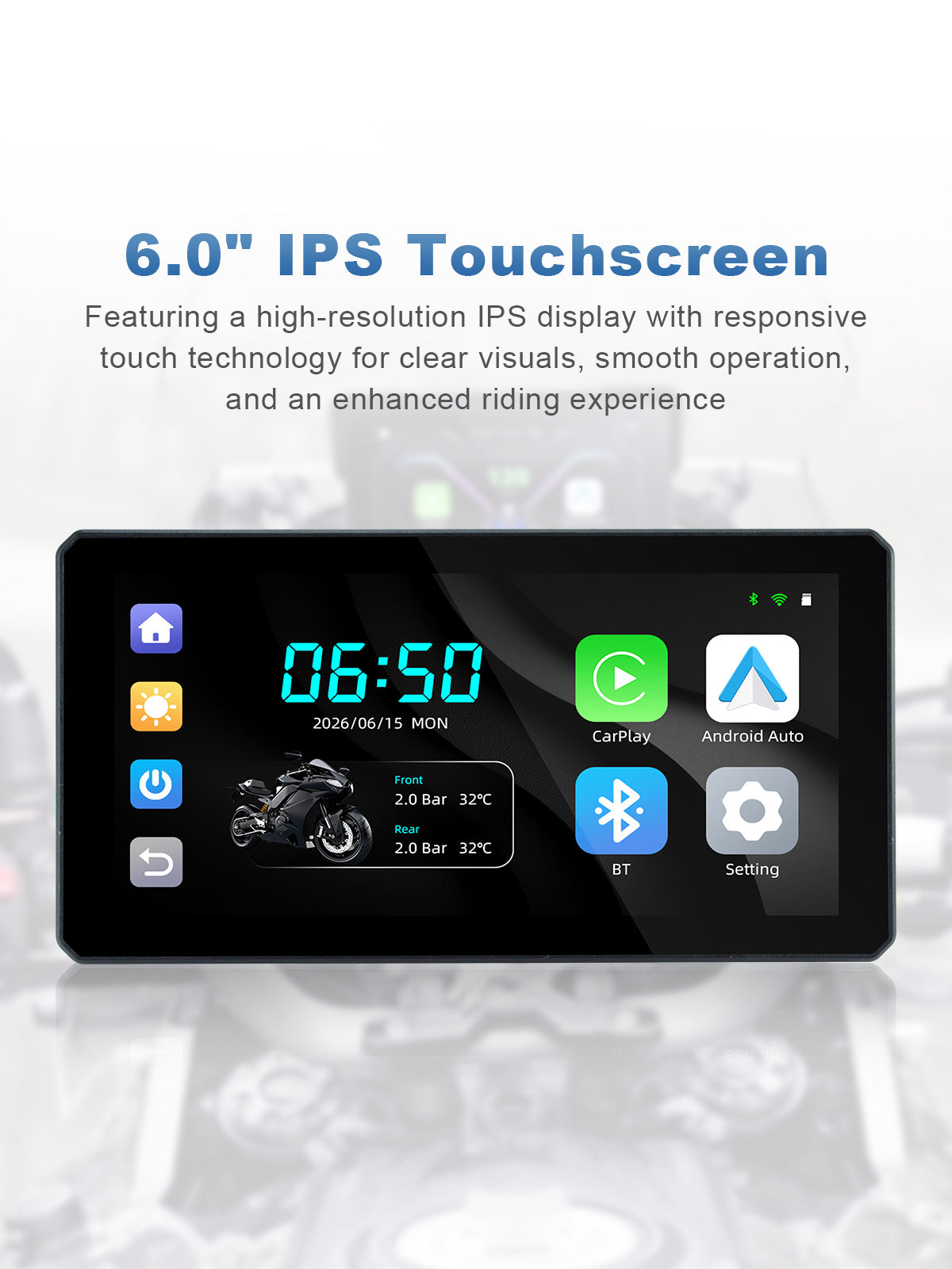 Linkifun MT6 6-inch motorcycle navigation screen with high-resolution IPS touchscreen for clear viewing and responsive touch operation