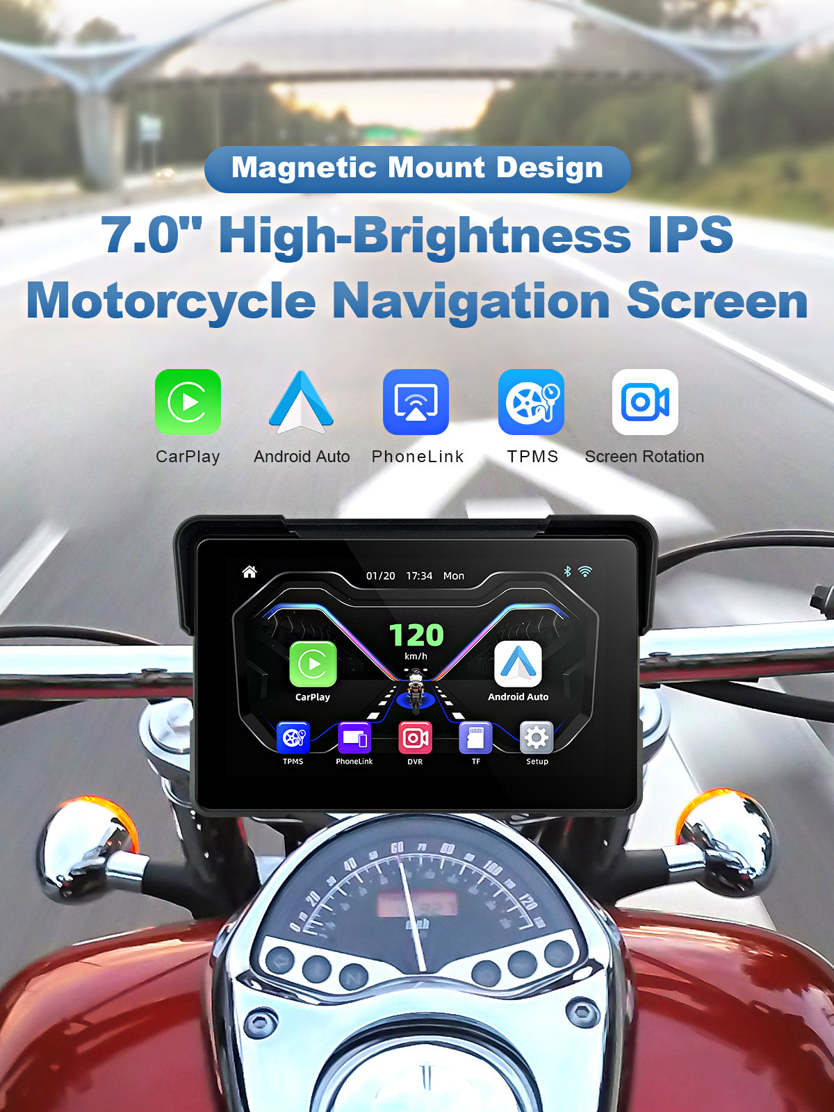 Linkifun MT7 7 inch motorcycle smart display wireless CarPlay Android Auto DVR TPMS screen mirroring interface