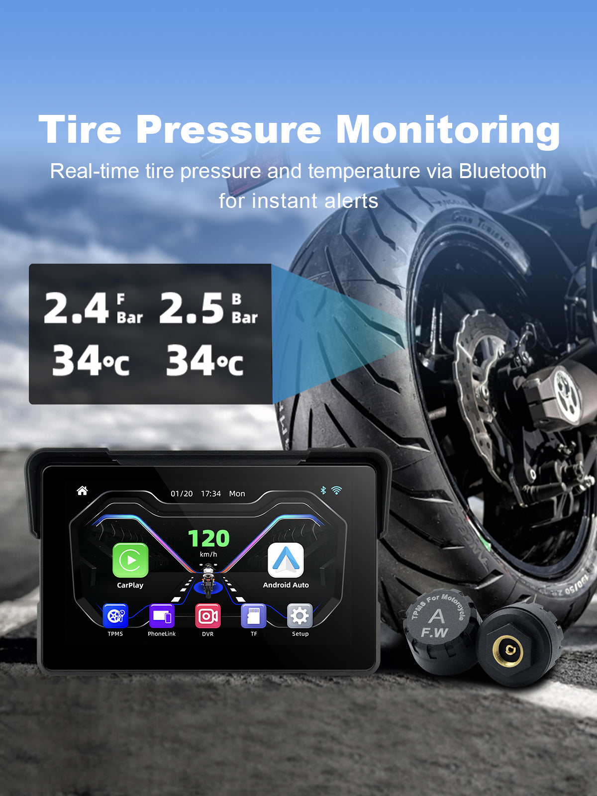 Linkifun MT7 motorcycle dash cam bluetooth TPMS tire pressure temperature monitoring interface