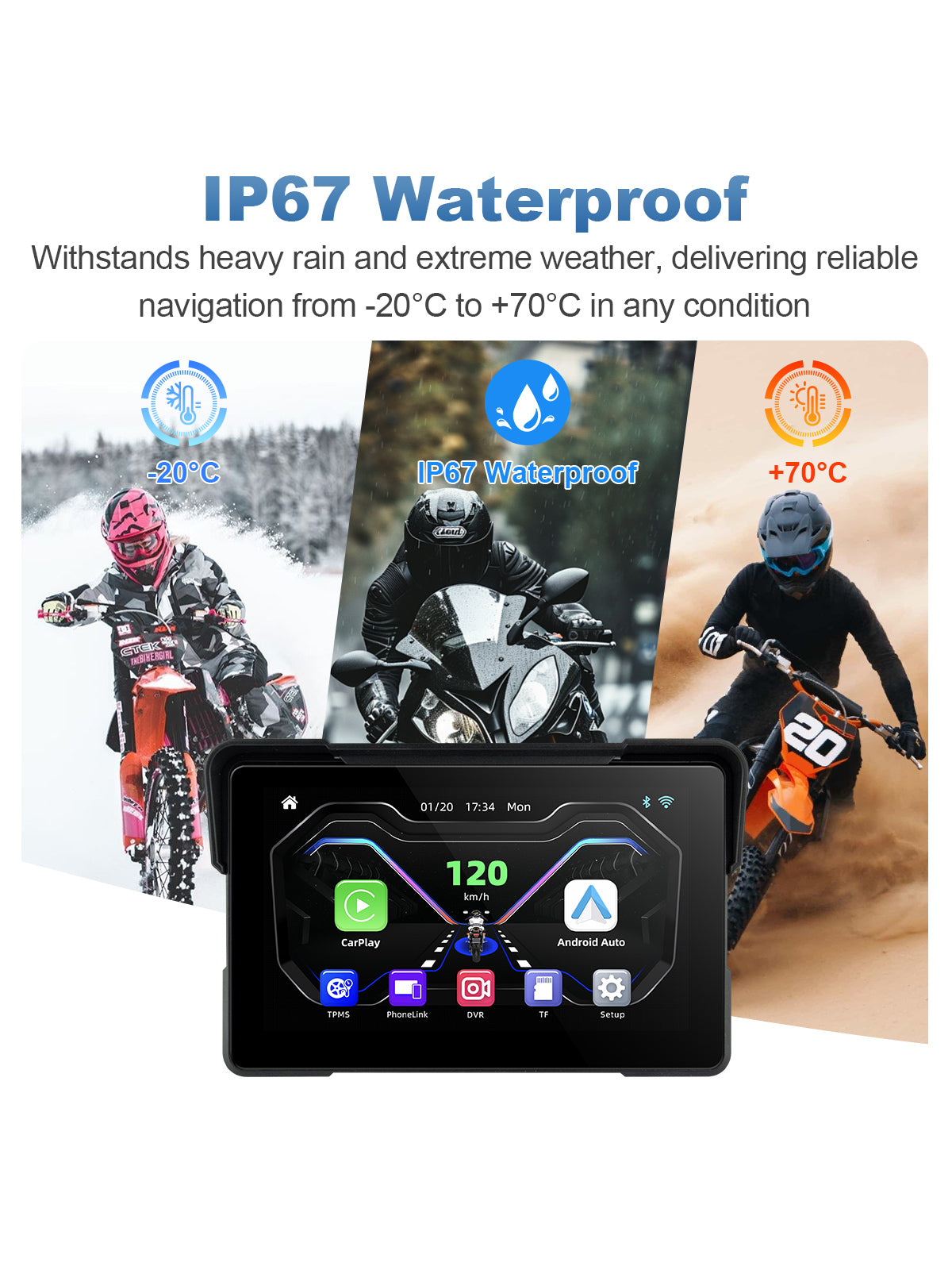 Linkifun MT7 motorcycle dash cam motorcycle IP67 waterproof dust resistant display housing exterior view