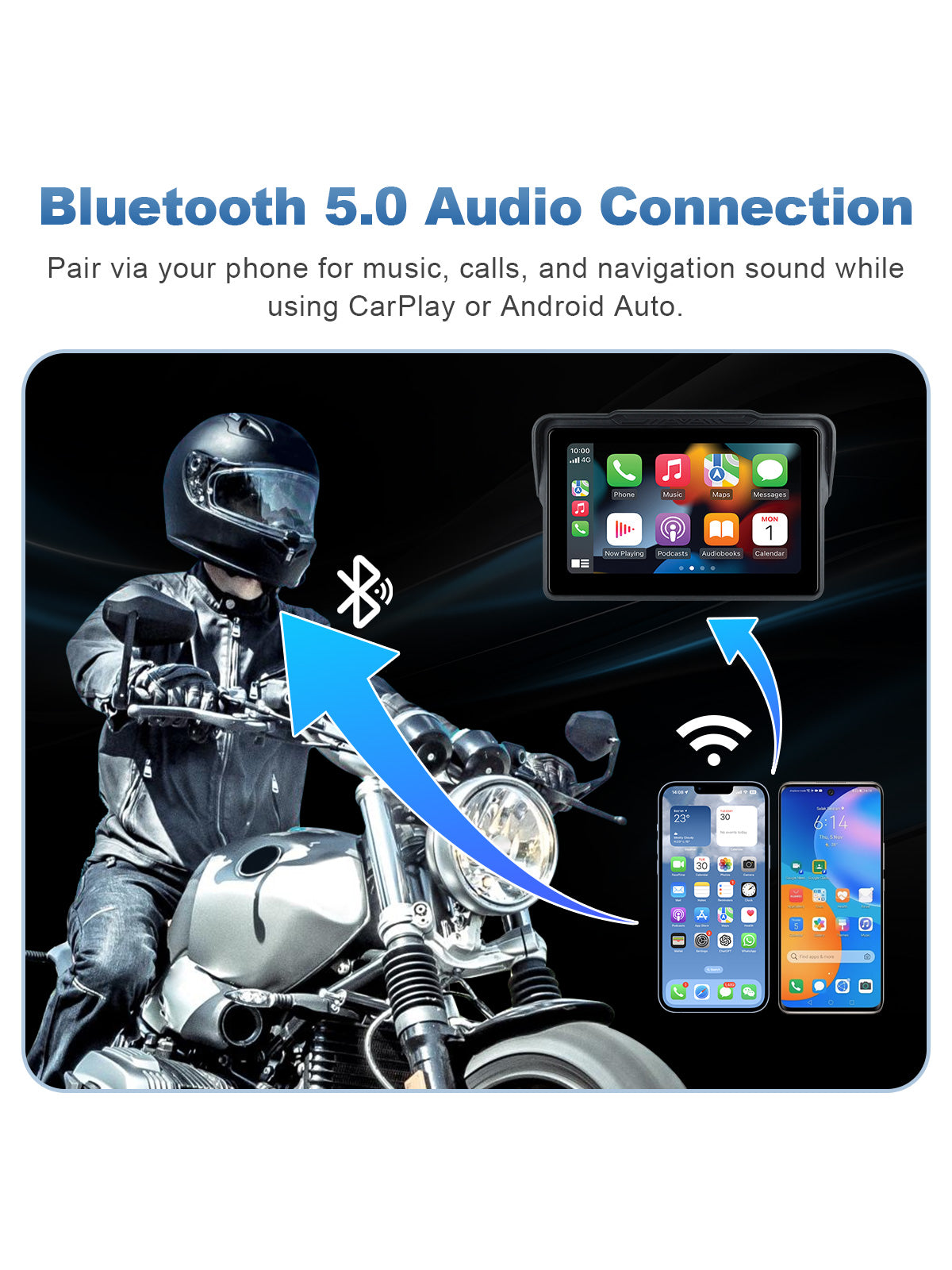 Linkifun MT7A 7 inch motorcycle navigation screen with Bluetooth 4.2 audio connection for helmet headset, wireless CarPlay and Android Auto