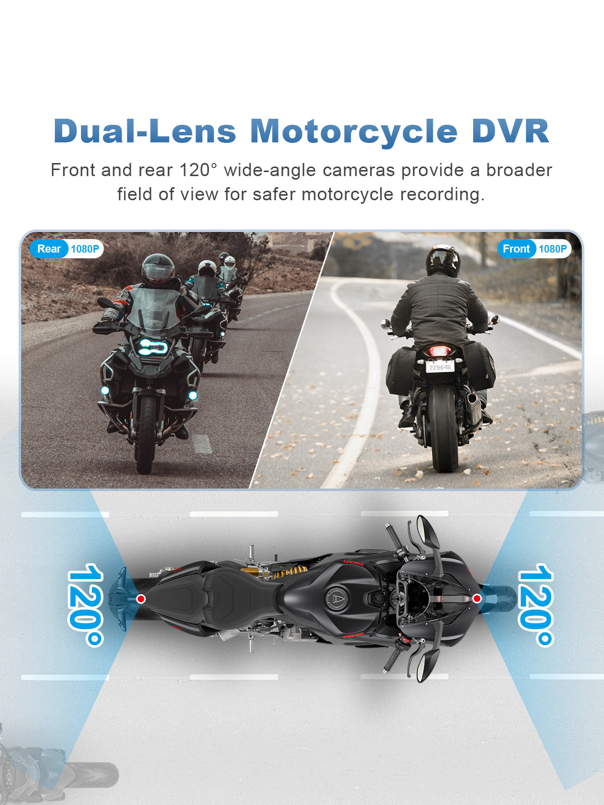 Linkifun MT7A 7 inch motorcycle navigation screen with dual 1080P front and rear DVR cameras and 120 degree wide-angle recording