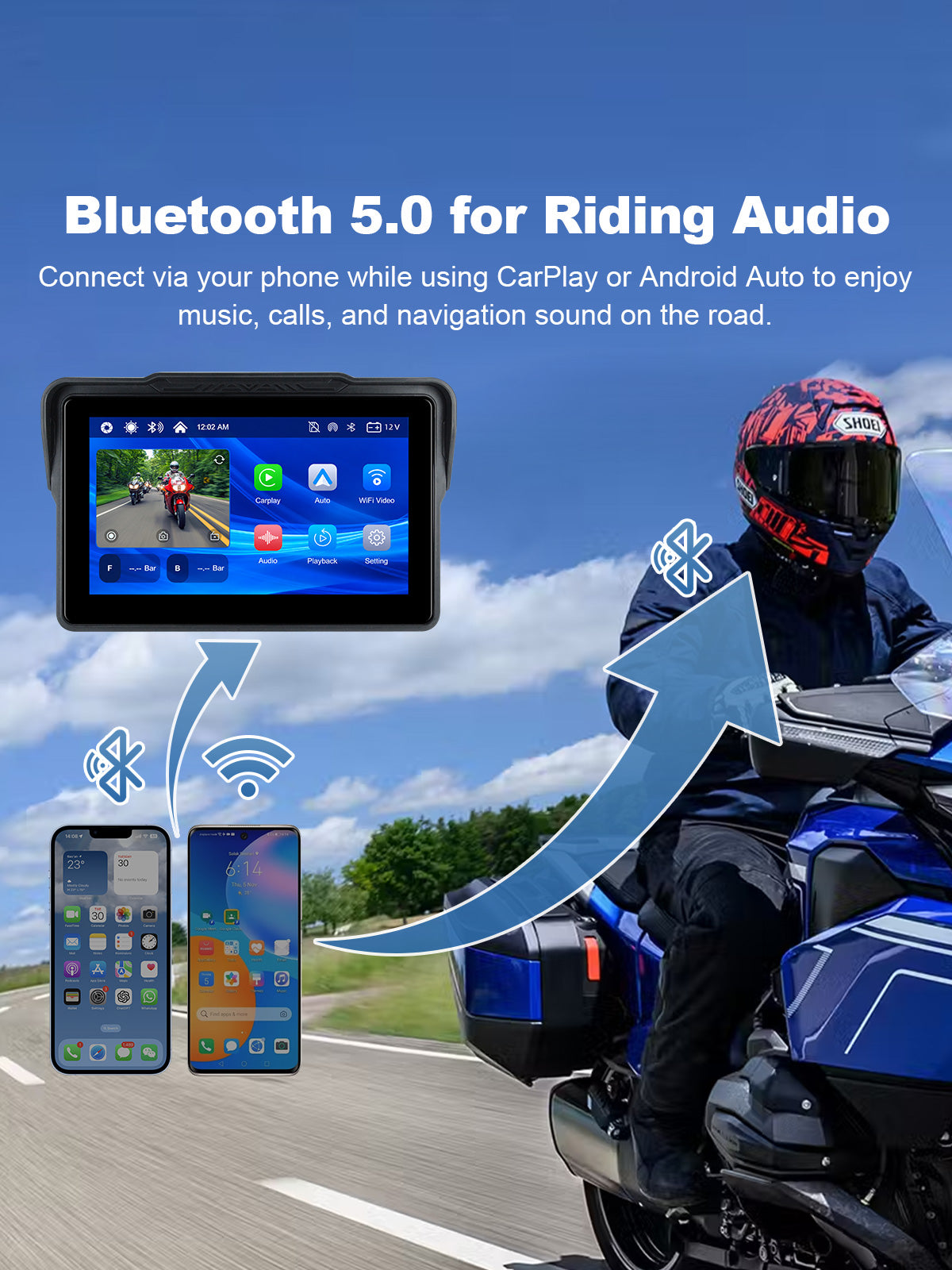 Linkifun MT7A 7 inch motorcycle navigation screen with dual DVR cameras and Bluetooth 4.2 audio support for helmet headset