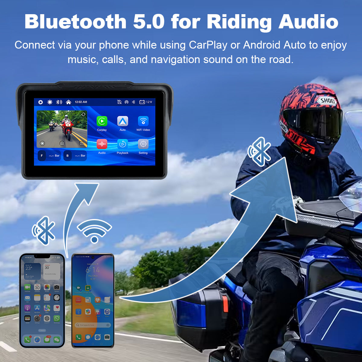Linkifun™ MT7A 7" Motorcycle Navigation Screen with Wireless CarPlay & Android Auto, Front & Rear DVR Cameras, TPMS, IP67 Waterproof