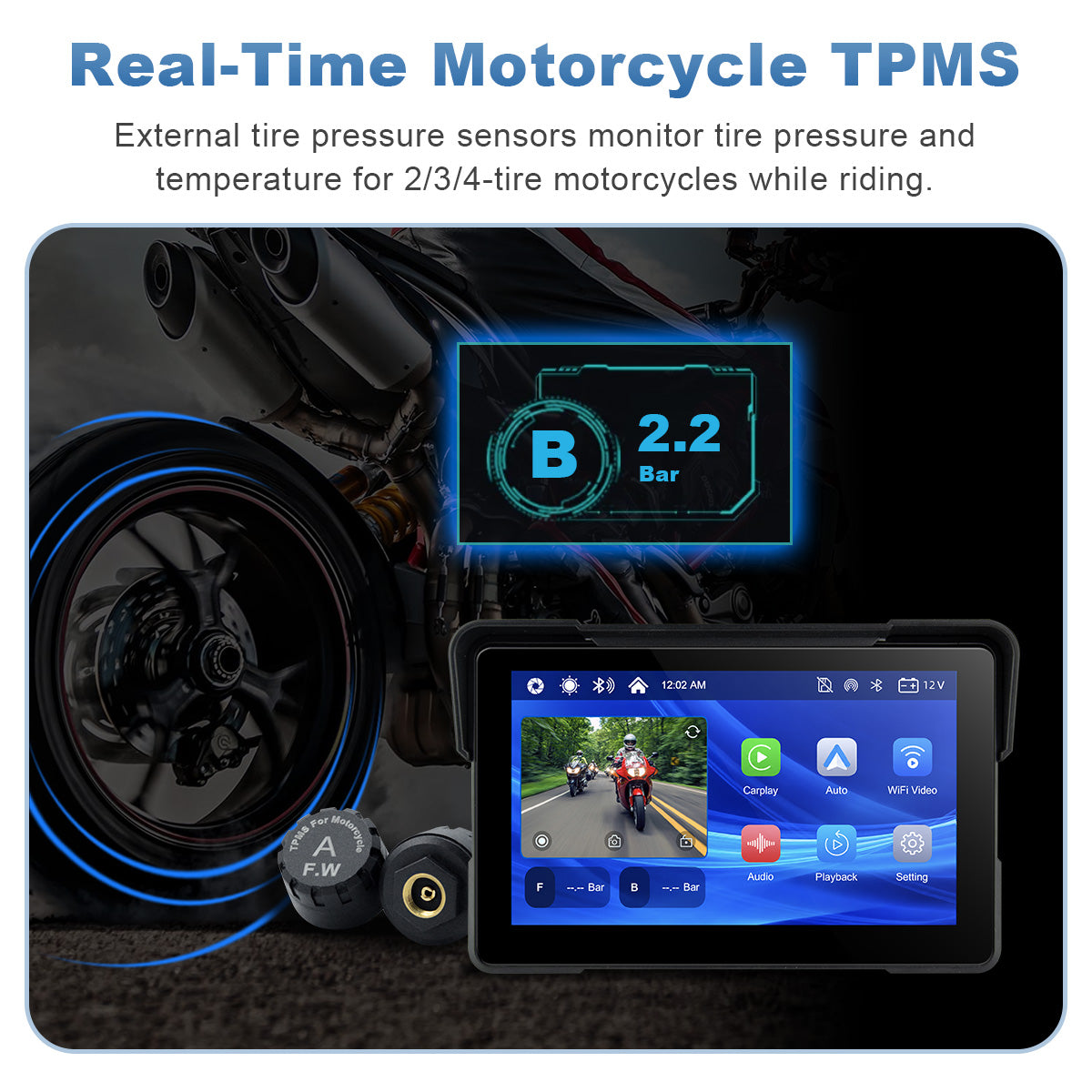 Linkifun™ MT7A 7" Motorcycle Navigation Screen with Wireless CarPlay & Android Auto, Front & Rear DVR Cameras, TPMS, IP67 Waterproof
