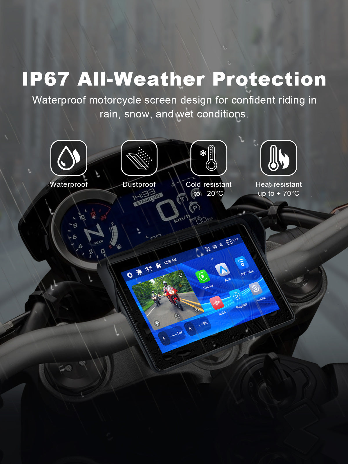 Linkifun MT7A 7 inch motorcycle navigation screen with DVR and IP67 waterproof all-weather protection
