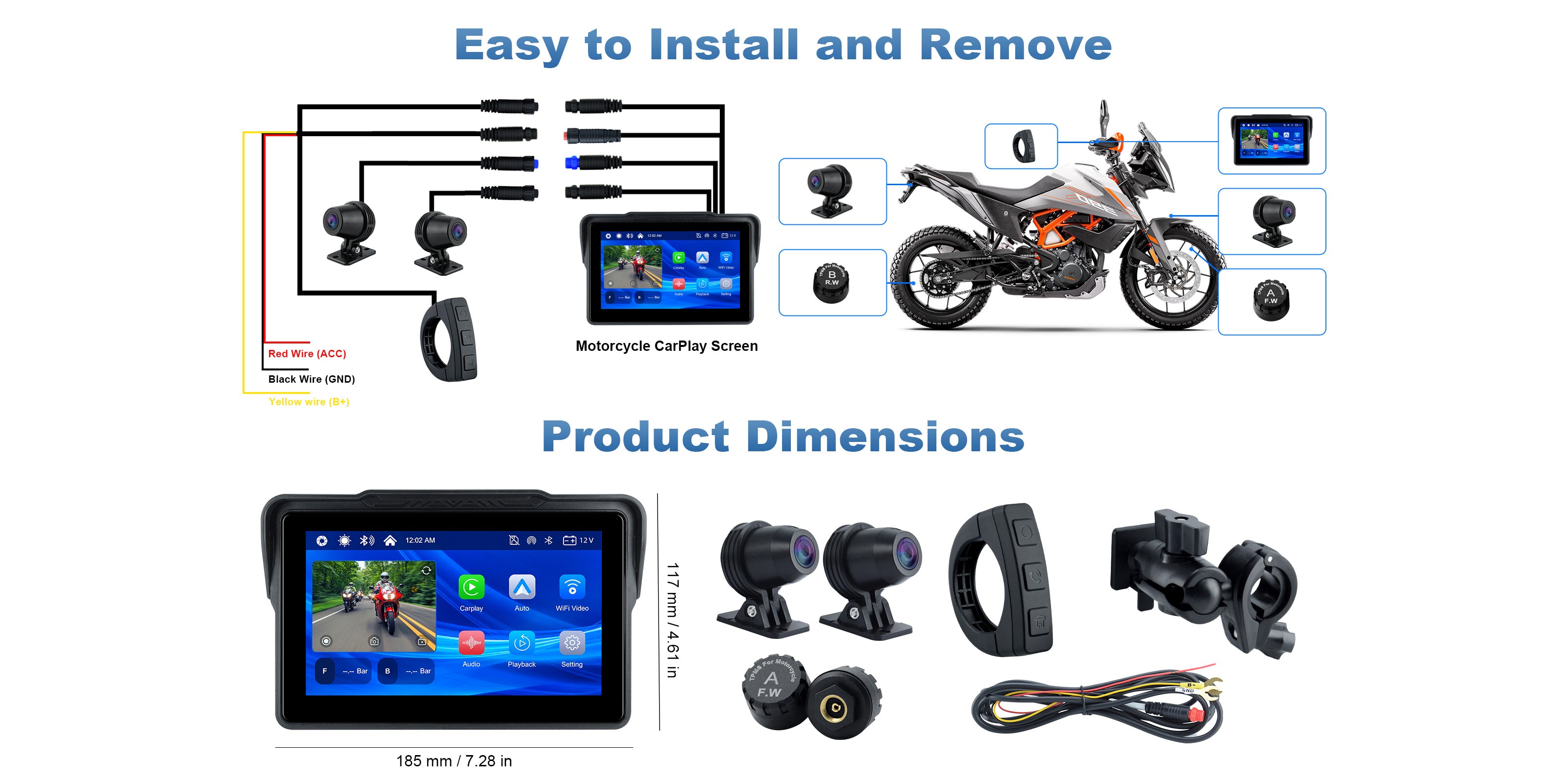 Linkifun MT7A 7 inch motorcycle navigation screen with DVR size dimensions for desktop view