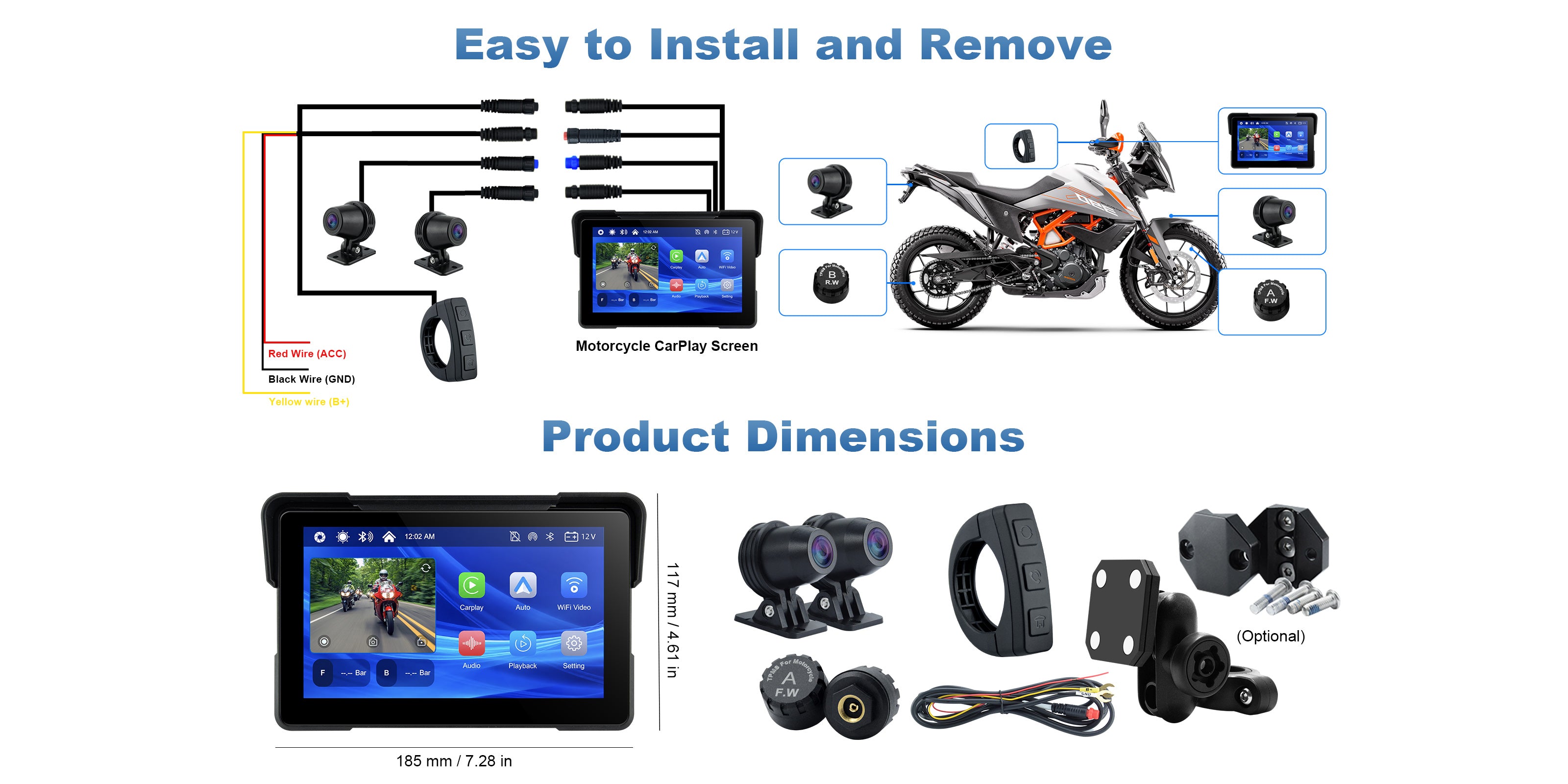Linkifun MT7A 7 inch motorcycle navigation screen with DVR size dimensions for desktop view