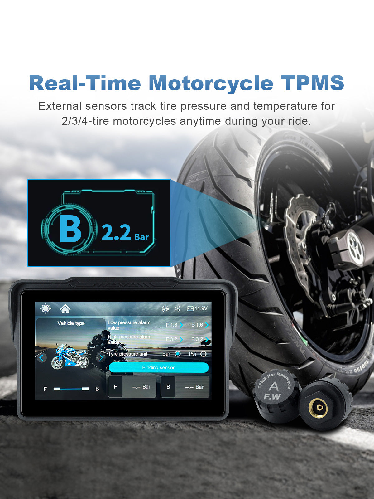 Linkifun MT7A 7 inch motorcycle navigation screen with optional TPMS for real-time tire pressure and temperature monitoring