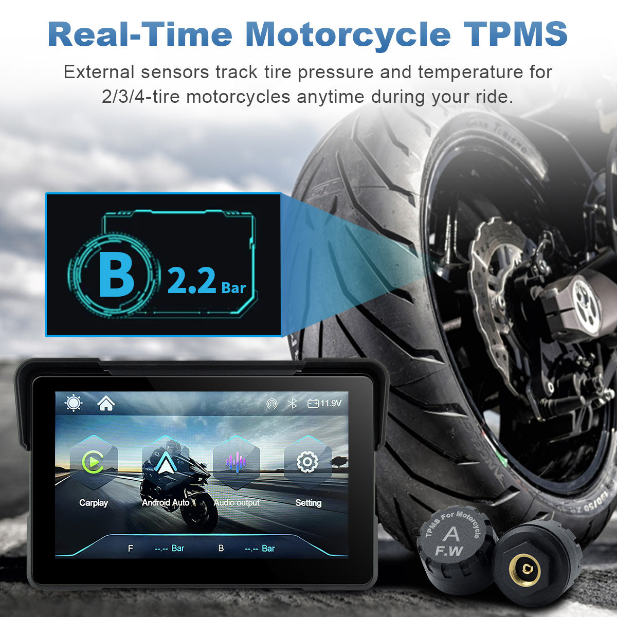 Linkifun™ MT7A 7" Motorcycle Navigation Screen with Wireless CarPlay & Android Auto, Portrait & Landscape Mode, Optional TPMS, USB Power