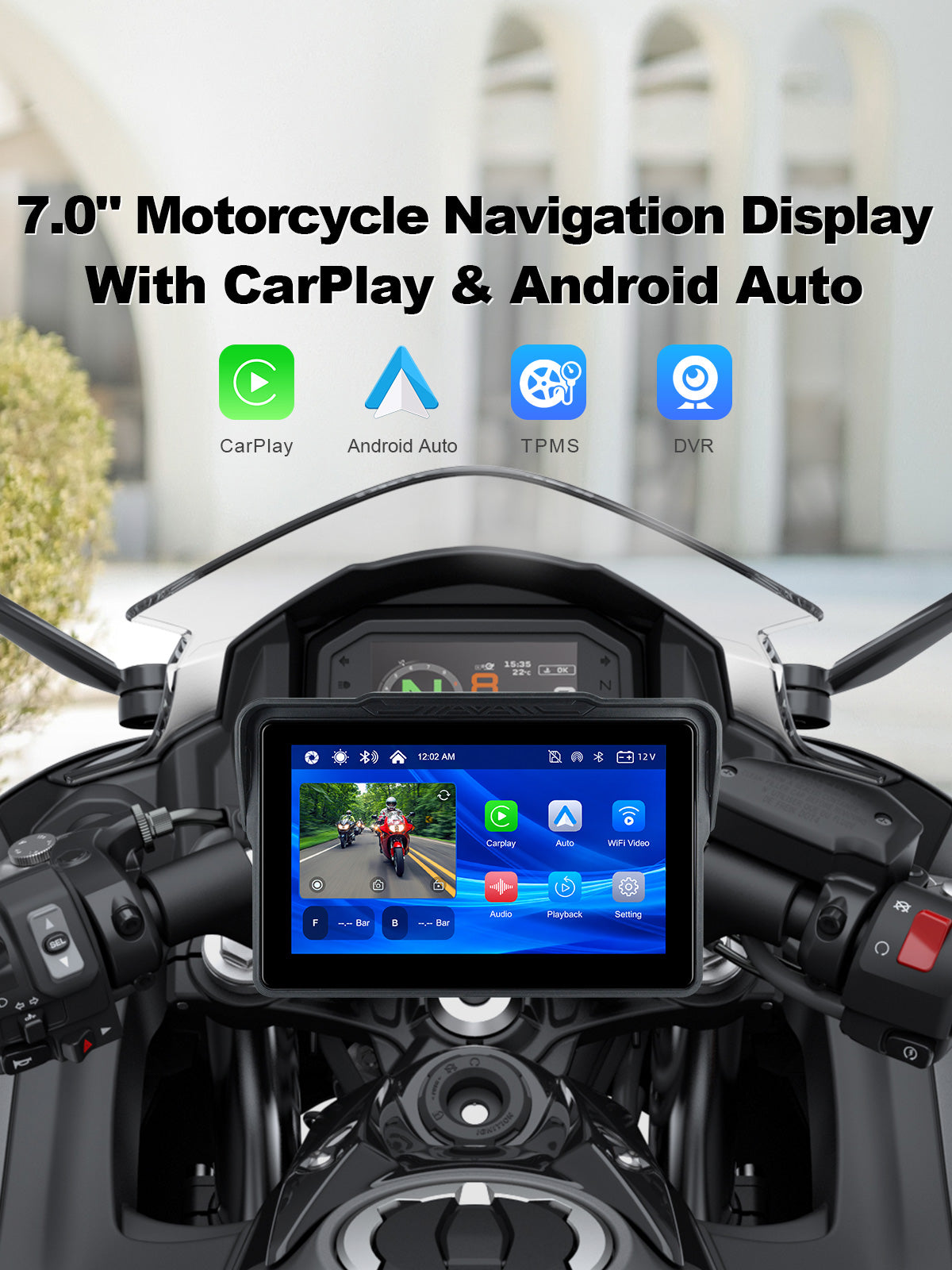 Linkifun MT7A 7 inch motorcycle navigation screen with wireless CarPlay, Android Auto, front and rear DVR cameras, and TPMS monitoring