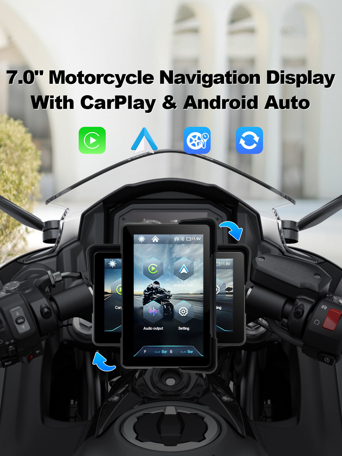 Linkifun MT7A 7 inch motorcycle navigation screen with wireless CarPlay, Android Auto, portrait and landscape display mode
