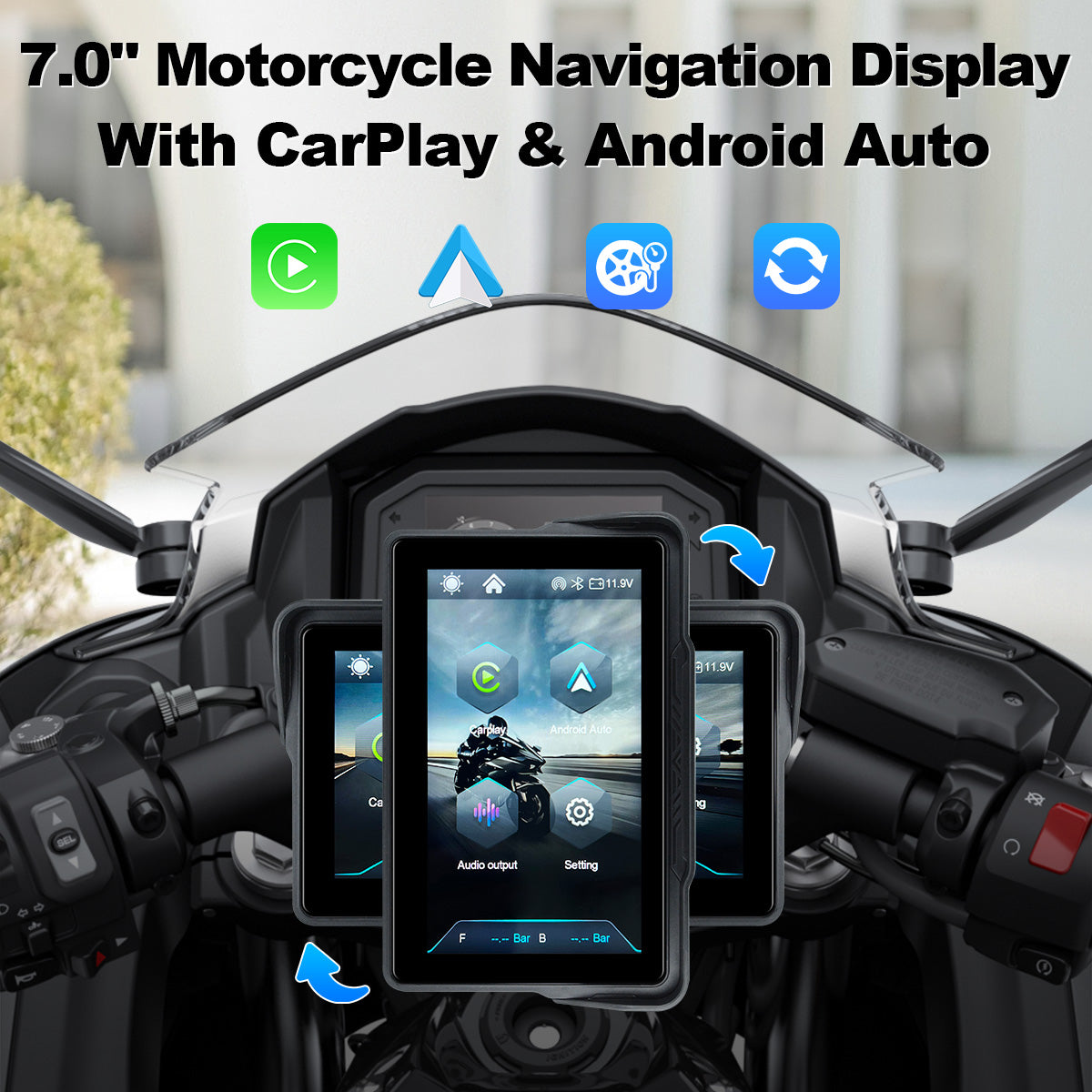 Linkifun™ MT7A 7" Motorcycle Navigation Screen with Wireless CarPlay & Android Auto, Portrait & Landscape Mode, Optional TPMS, USB Power