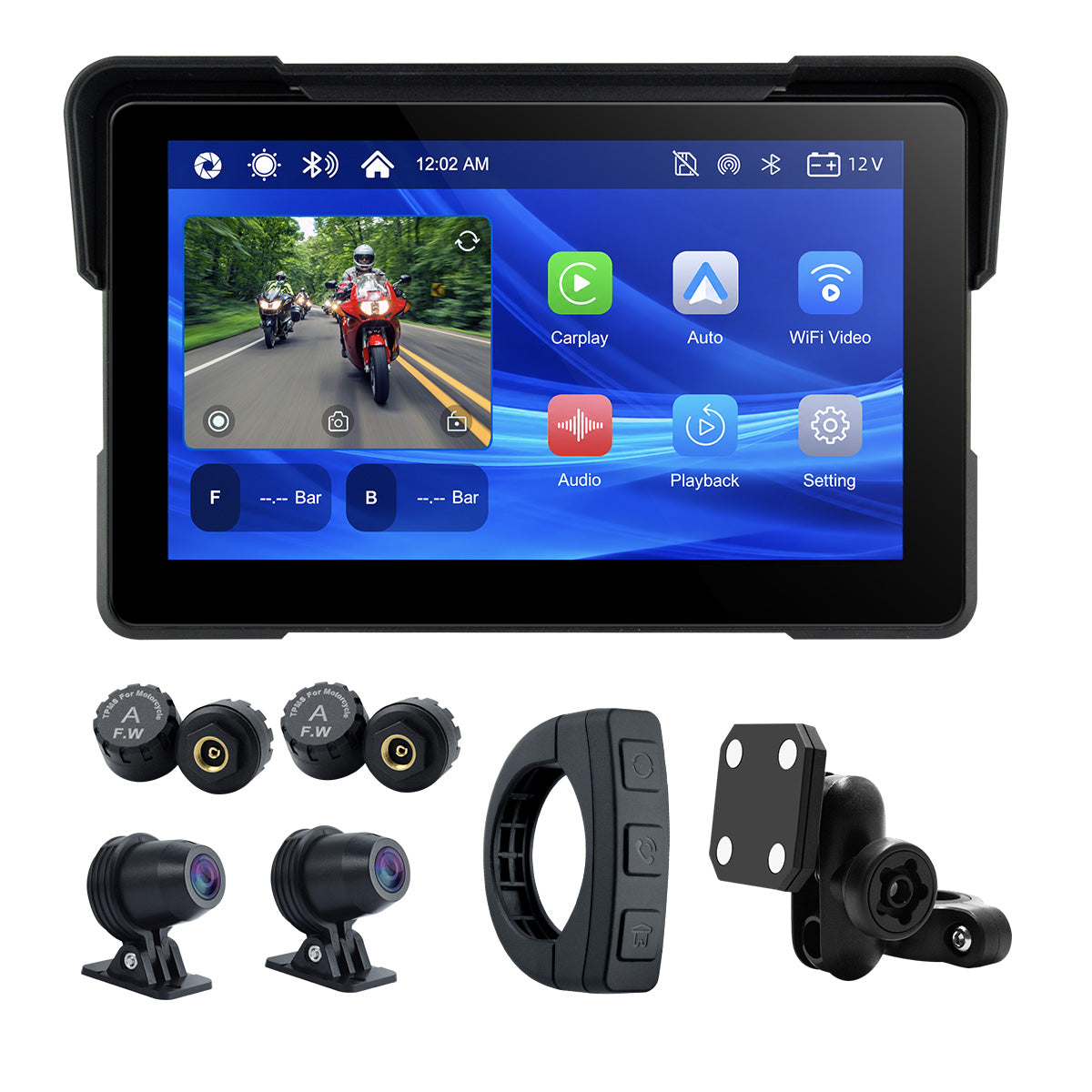 Linkifun™ MT7A 7" Motorcycle Navigation Screen with Wireless CarPlay & Android Auto, Front & Rear DVR Cameras, TPMS, IP67 Waterproof