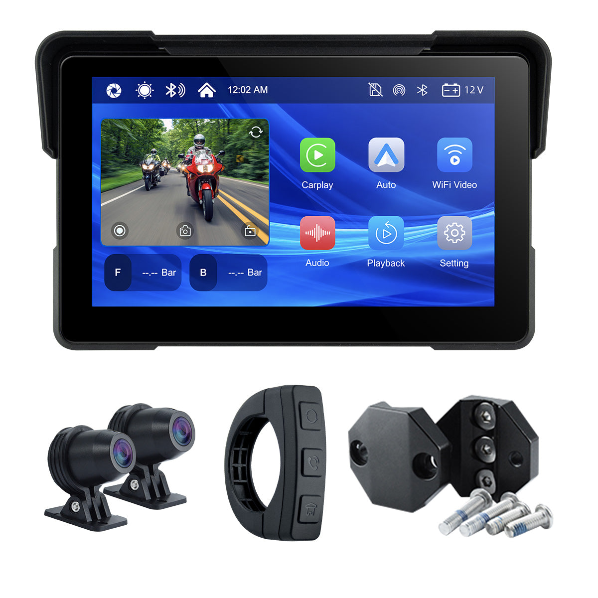 Linkifun™ MT7A 7" Motorcycle Navigation Screen with Wireless CarPlay & Android Auto, Front & Rear DVR Cameras, TPMS, IP67 Waterproof