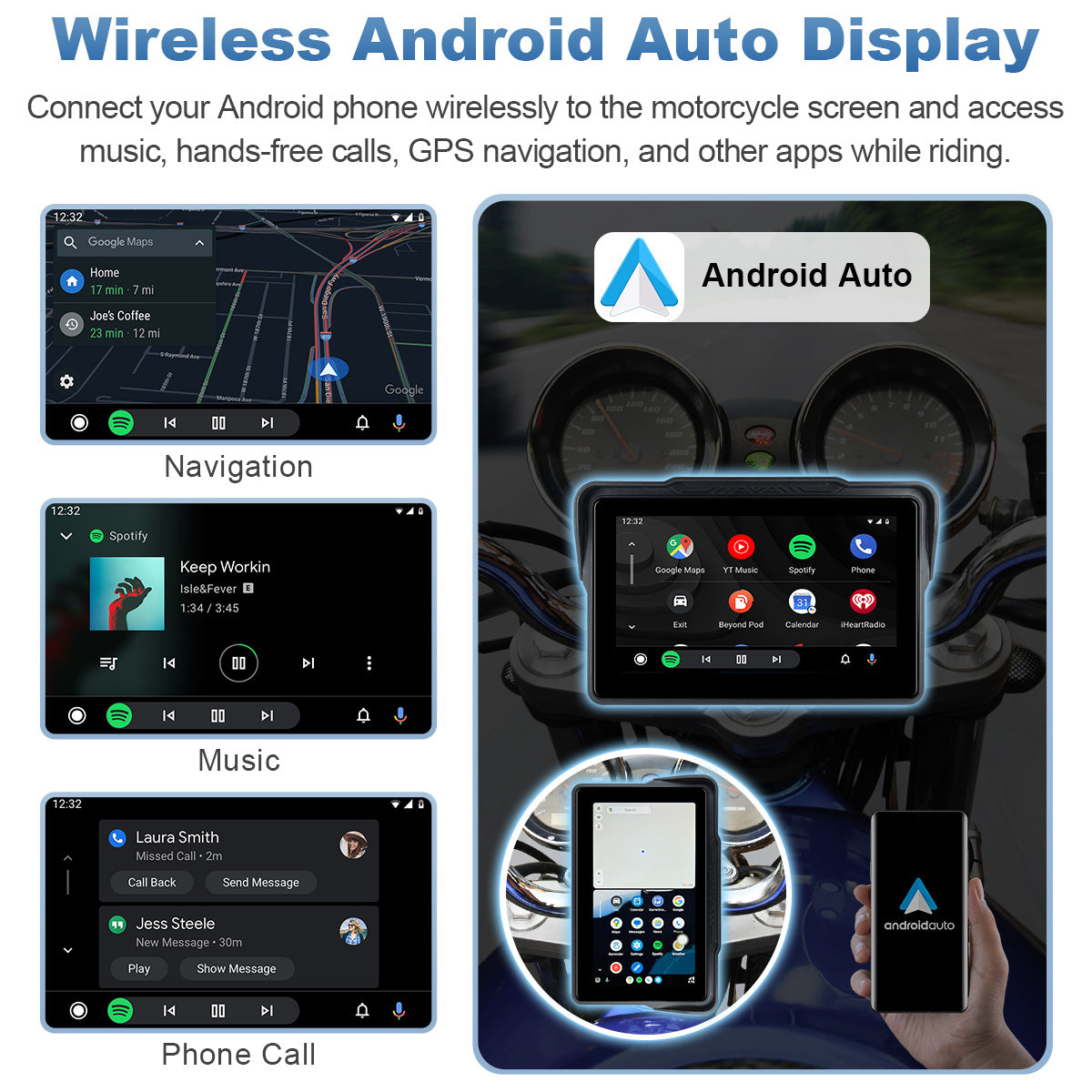Linkifun™ MT7A 7" Motorcycle Navigation Screen with Wireless CarPlay & Android Auto, Portrait & Landscape Mode, Optional TPMS, USB Power