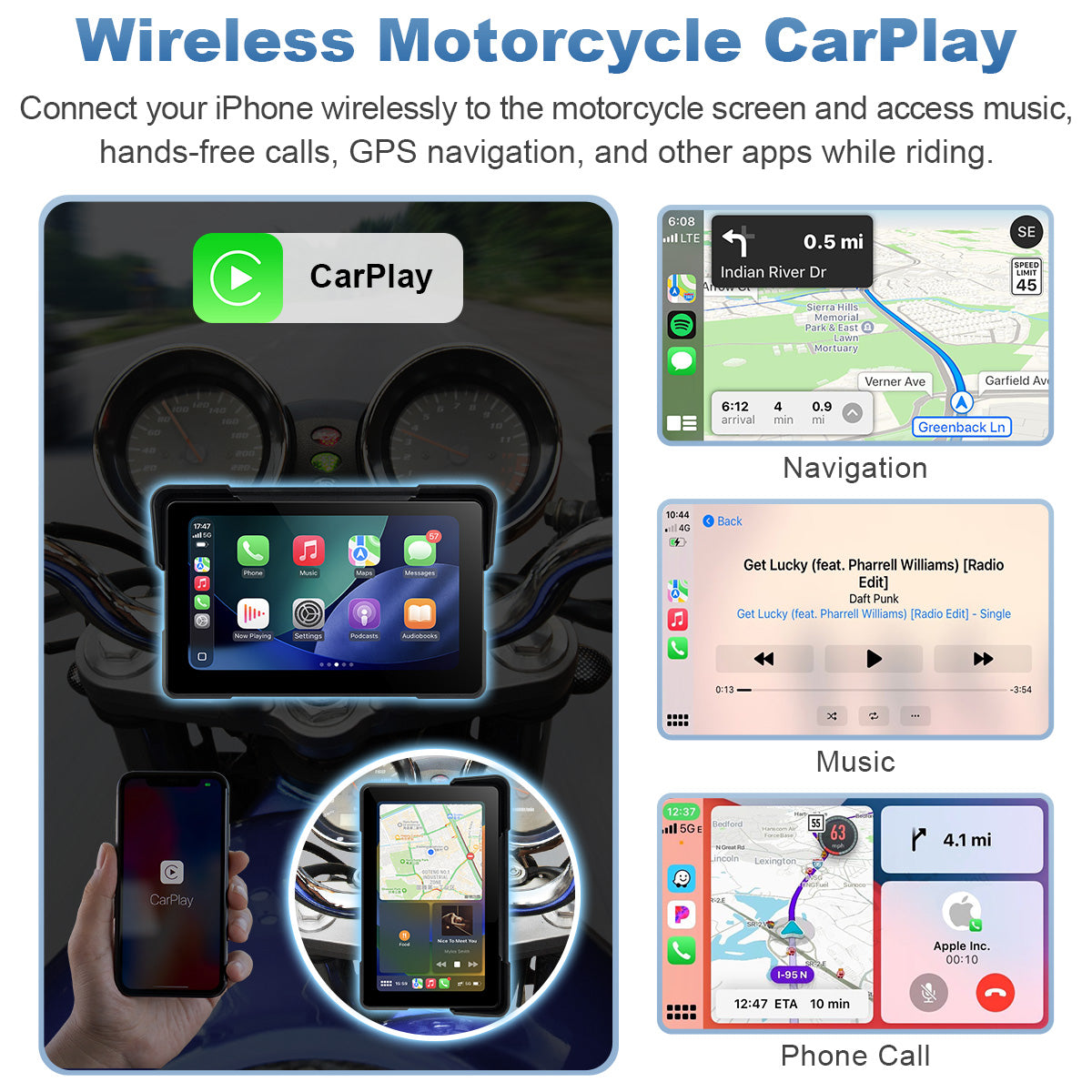 Linkifun™ MT7A 7" Motorcycle Navigation Screen with Wireless CarPlay & Android Auto, Portrait & Landscape Mode, Optional TPMS, USB Power