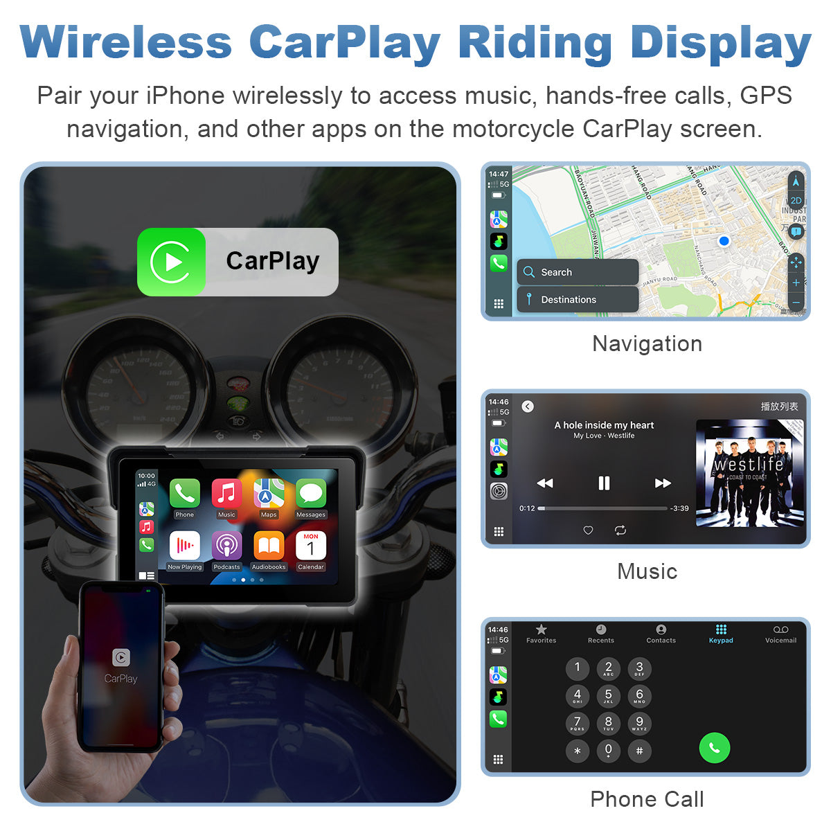 Linkifun™ MT7A 7" Motorcycle Navigation Screen with Wireless CarPlay & Android Auto, Front & Rear DVR Cameras, TPMS, IP67 Waterproof