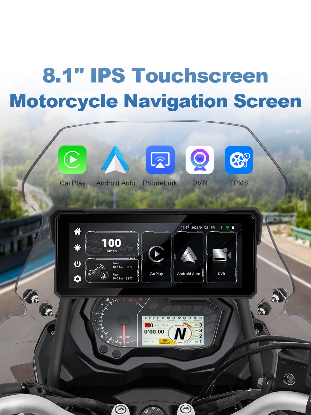 Linkifun MT81 8.1 inch IPS touchscreen motorcycle navigation screen with wireless CarPlay, Android Auto, PhoneLink, DVR recording, and optional TPMS monitoring