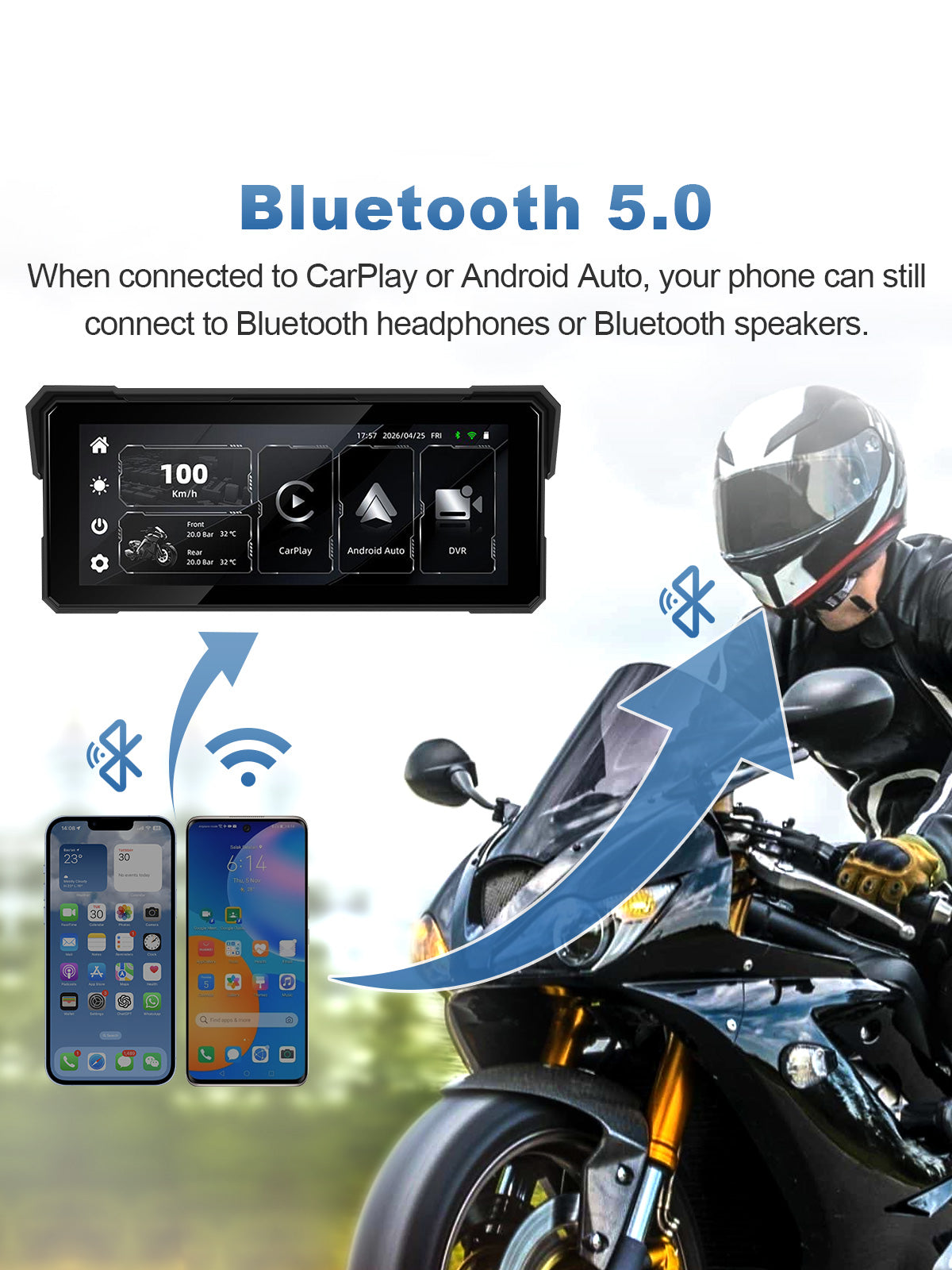 Linkifun MT81 motorcycle navigation screen with Bluetooth 5.0 audio connection for headset and smartphone