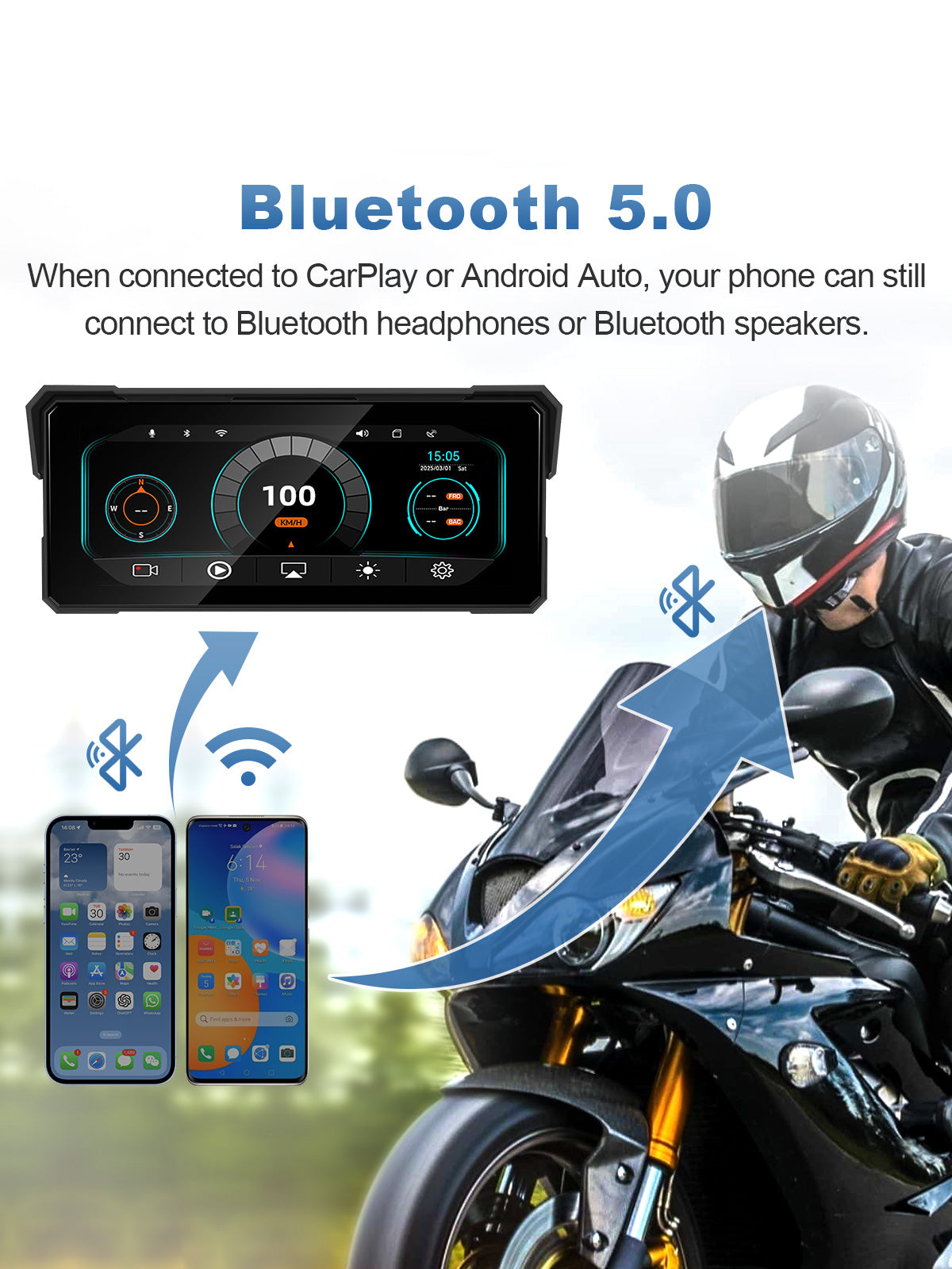 Linkifun MT81 motorcycle navigation screen with Bluetooth 5.0 audio connection for headset and smartphone