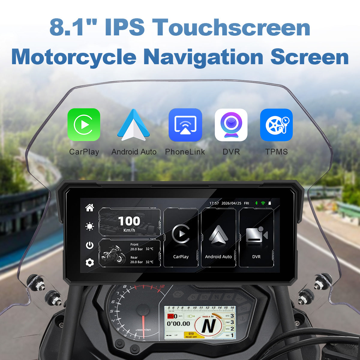 Linkifun™ MT81 8.1" Motorcycle CarPlay Navigation Screen with Wireless Android Auto, Screen Mirroring, Optional TPMS & DVR
