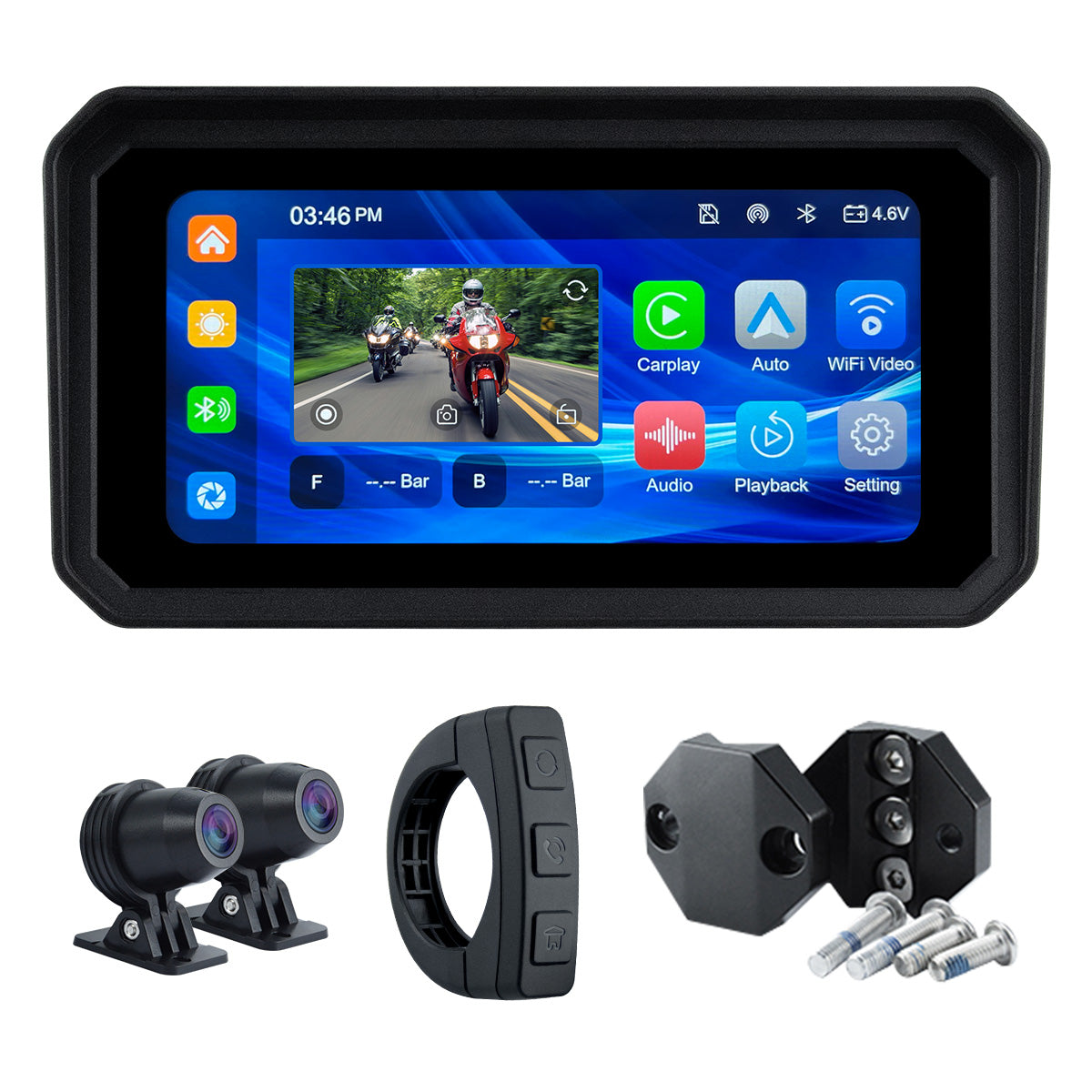 Linkifun™ MT9A 6インチ バイク用ナビゲーション画面(ワイヤレスCarPlay・Android Auto、前後DVRカメラ、TPMS、IP67防水)