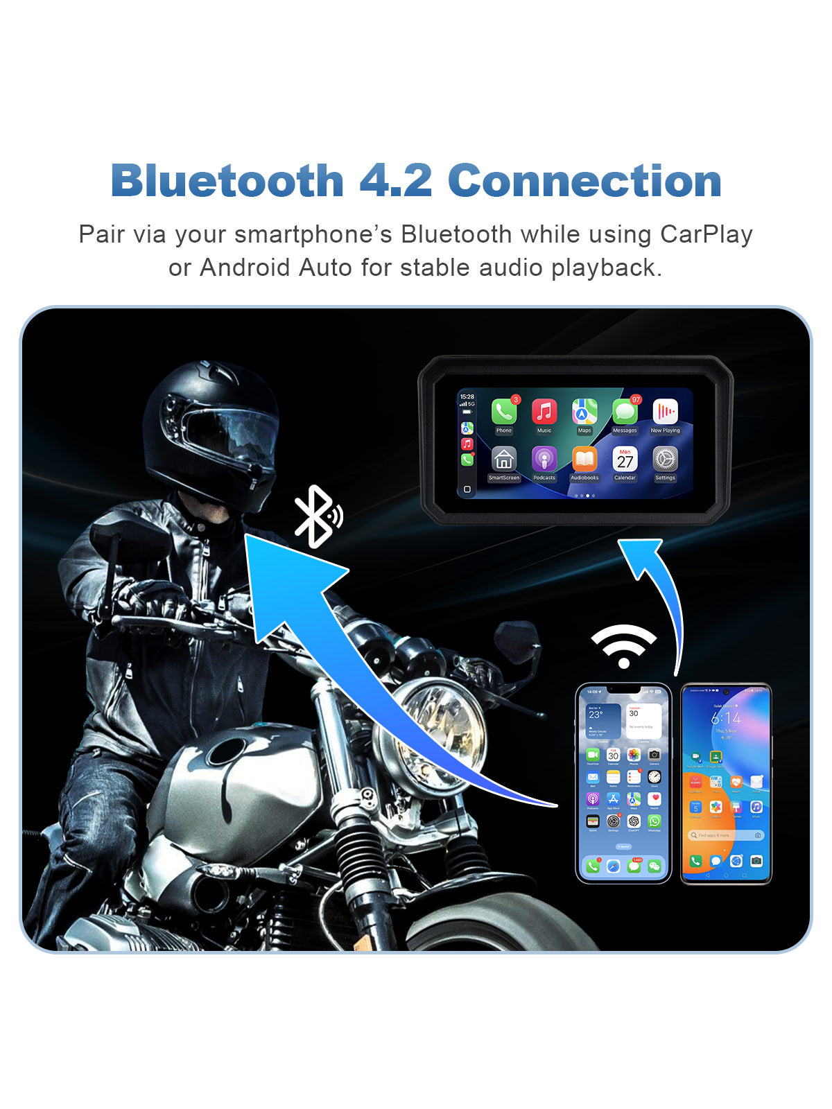 Linkifun MT9A motorcycle navigation screen using Bluetooth 4.2 with a smartphone and helmet headset for navigation, music, and hands-free calls.