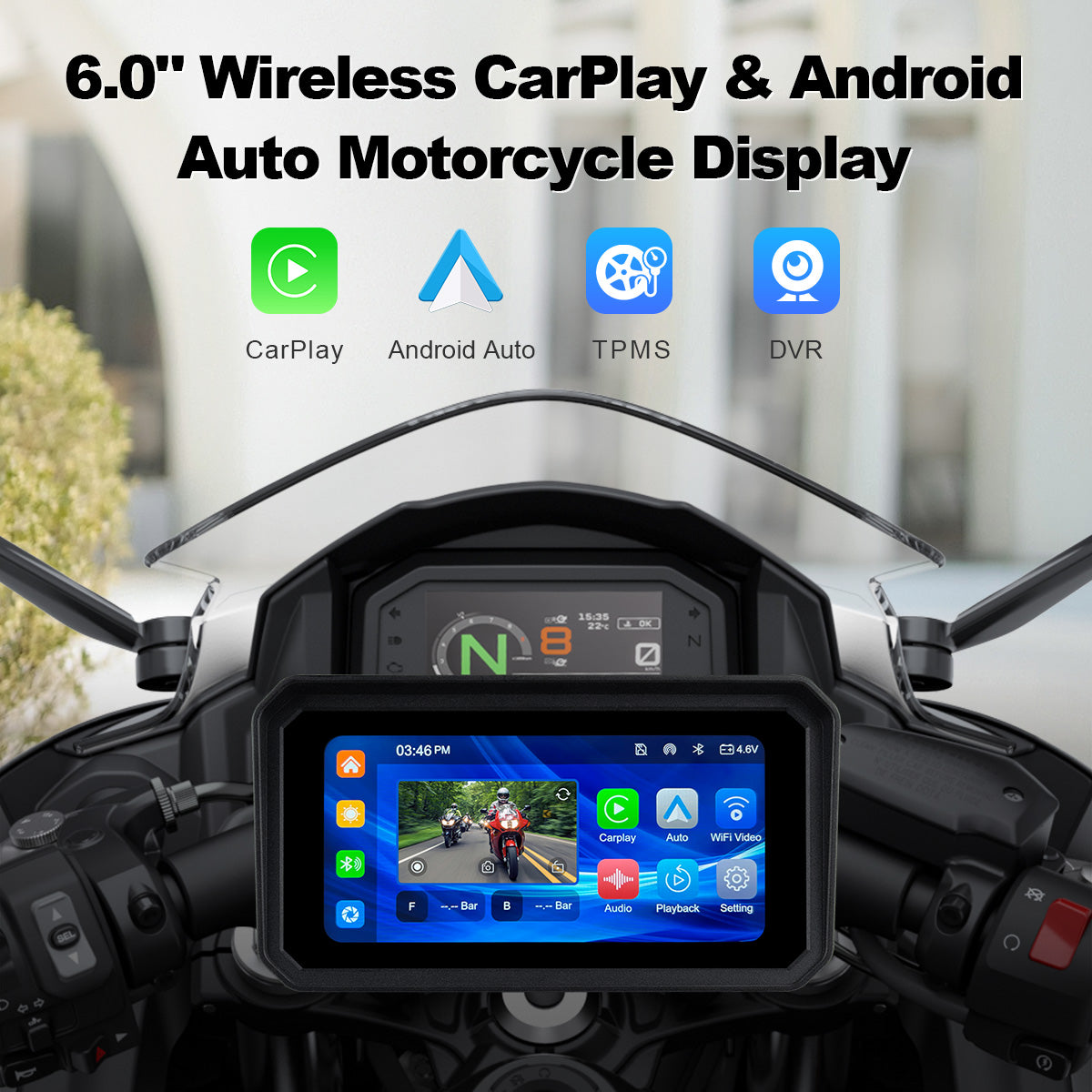 Linkifun™ MT9A 6" Motorcycle Navigation Screen with Wireless CarPlay & Android Auto, Front & Rear DVR Cameras, TPMS, IP67 Waterproof