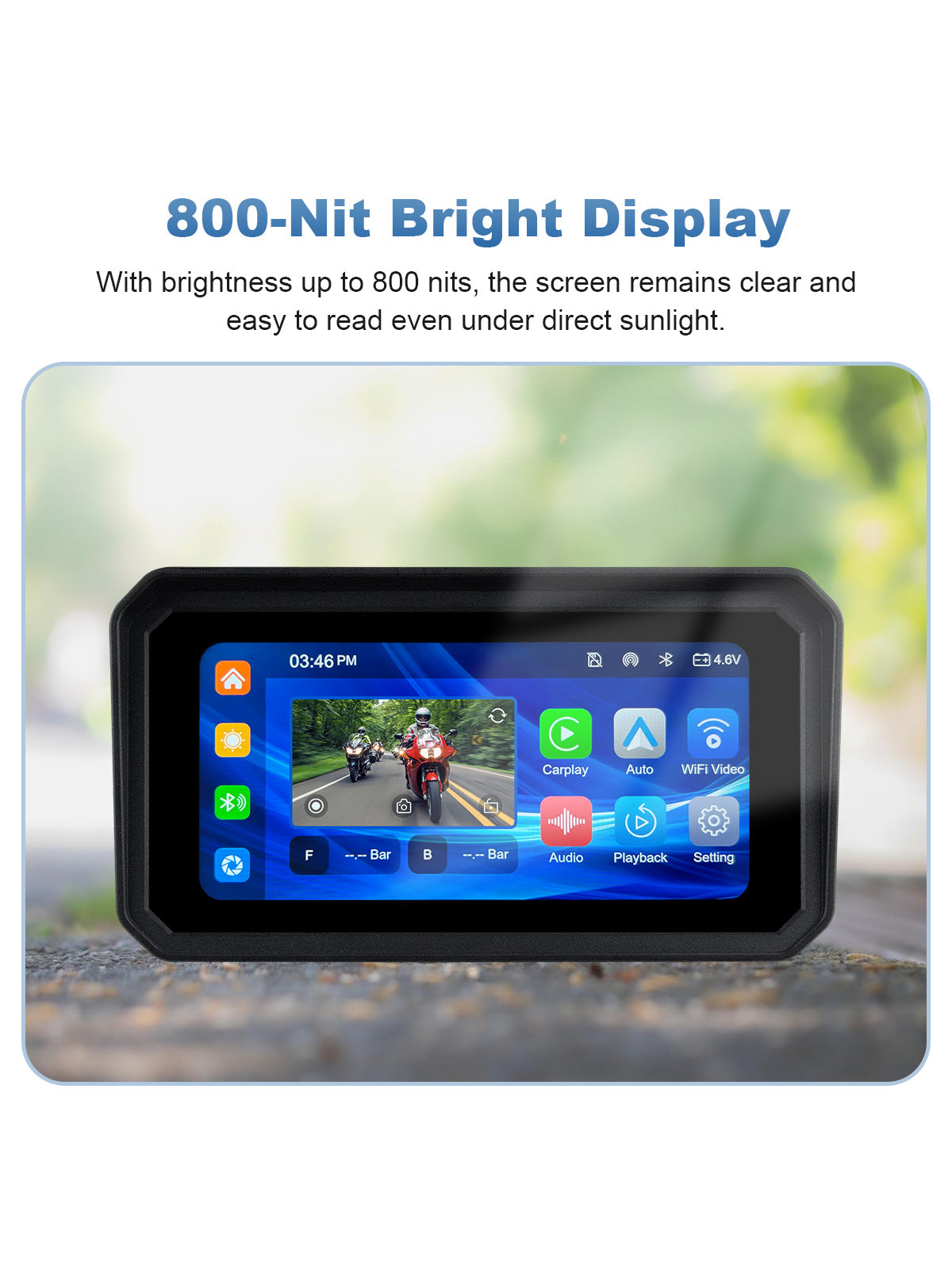 Linkifun MT9A DVR motorcycle display with 800-nit brightness for clear viewing of navigation, camera footage, calls, music, and riding information in sunlight.