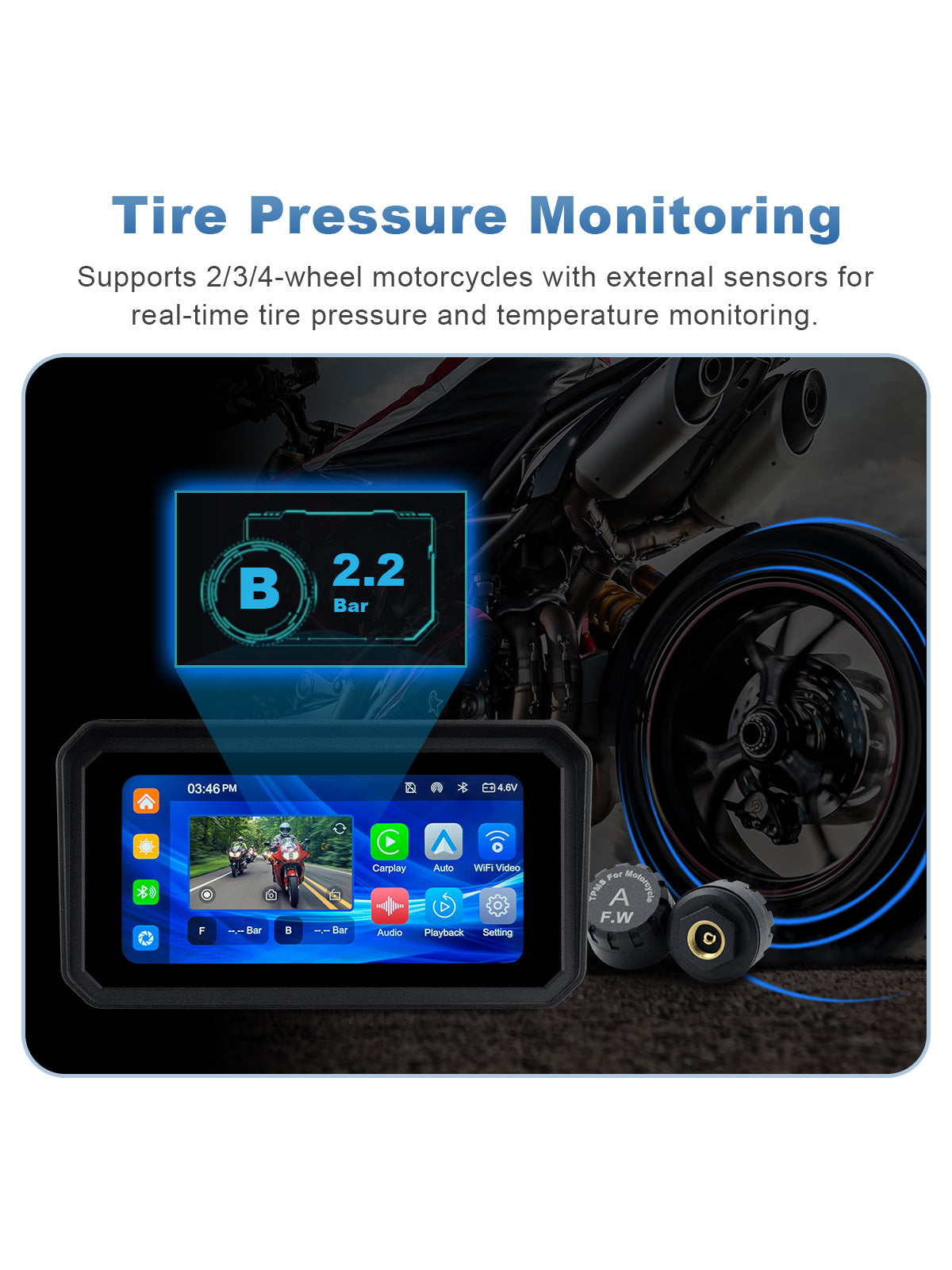 Linkifun MT9A DVR motorcycle display with expandable TPMS monitoring for two, three, or four tires.