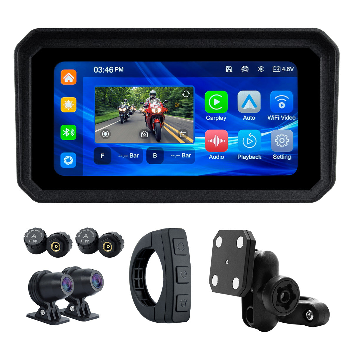 Linkifun™ MT9A 6" Motorcycle Navigation Screen with Wireless CarPlay & Android Auto, Front & Rear DVR Cameras, TPMS, IP67 Waterproof