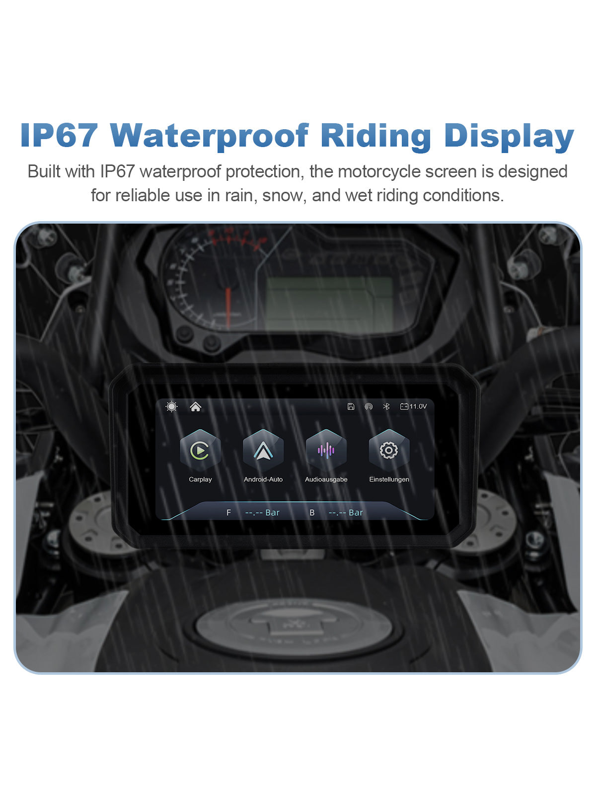 Linkifun MT9A IP67 waterproof and dustproof motorcycle navigation screen designed for reliable use in rain, snow, dust, and changing weather.