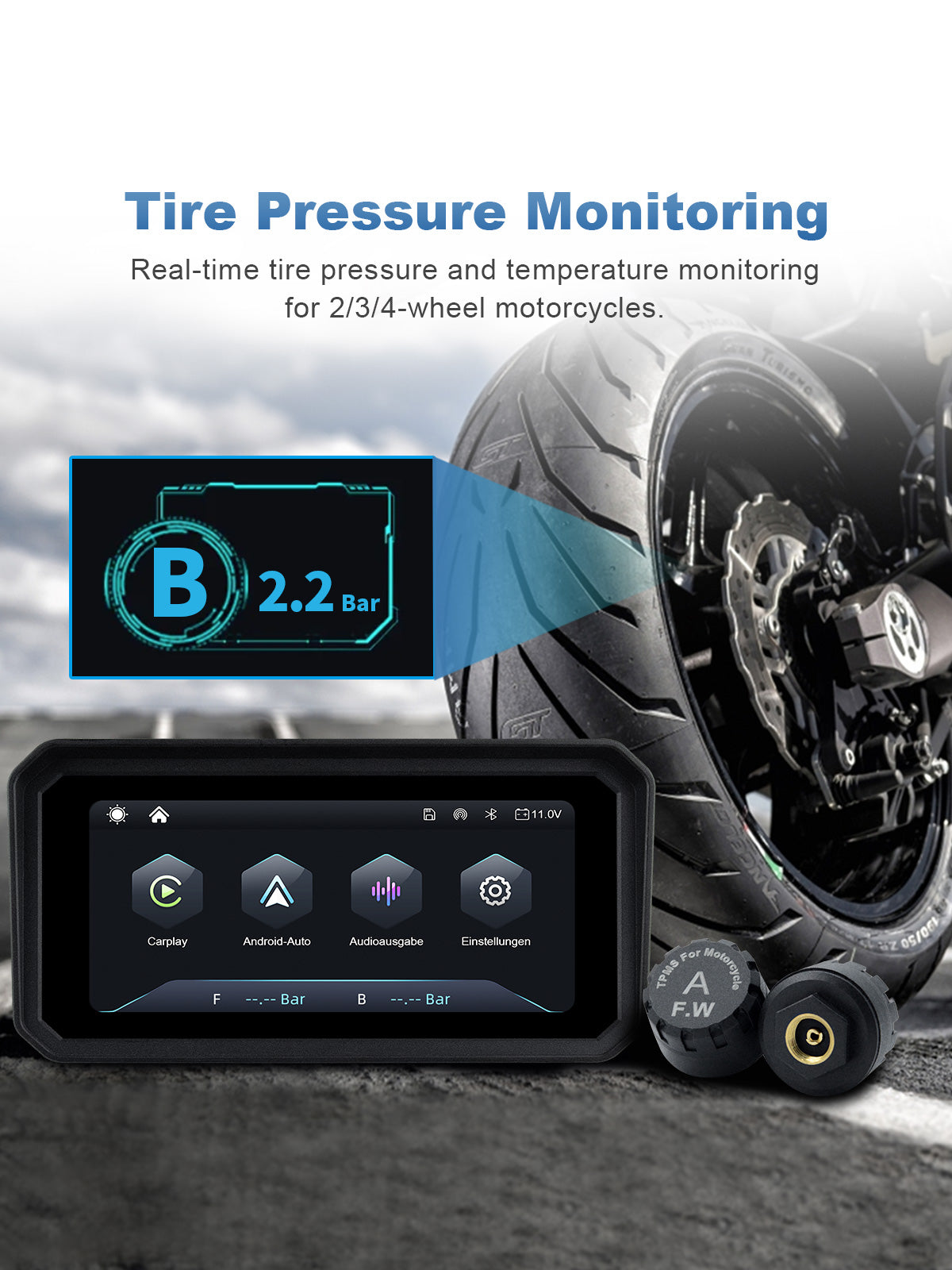 Linkifun MT9A motorcycle navigation screen with optional TPMS sensors displaying real-time tire pressure and temperature.