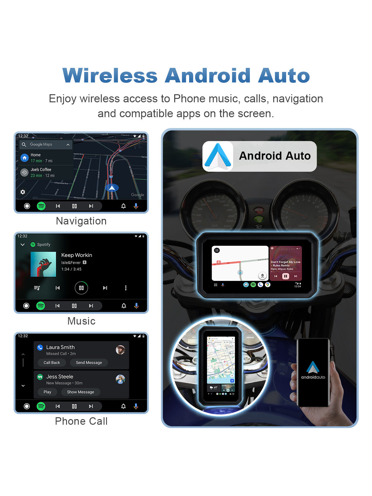 Wireless Android Auto motorcycle screen showing Google Maps, music, calls, notifications, and adjustable portrait and landscape modes.