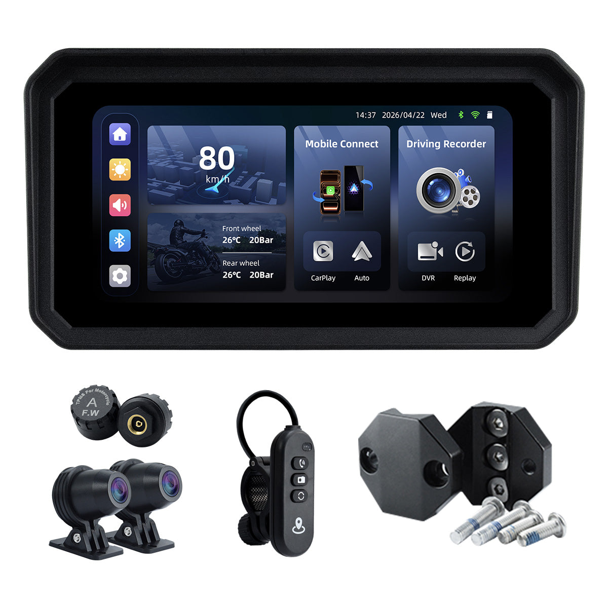 Linkifun™ MT9B-DVR 6" Motorcycle Navigation Screen with Wireless CarPlay & Android Auto, Dual 1080P DVR, BSD, TPMS, IP67 Waterproof